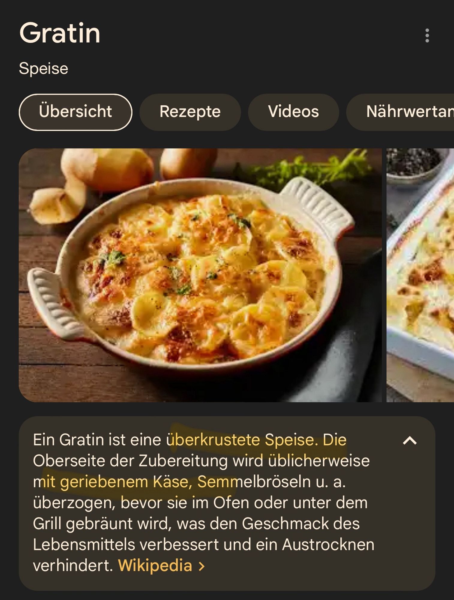 Screenshot mit der Beschreibung, was ein Gratin ist.