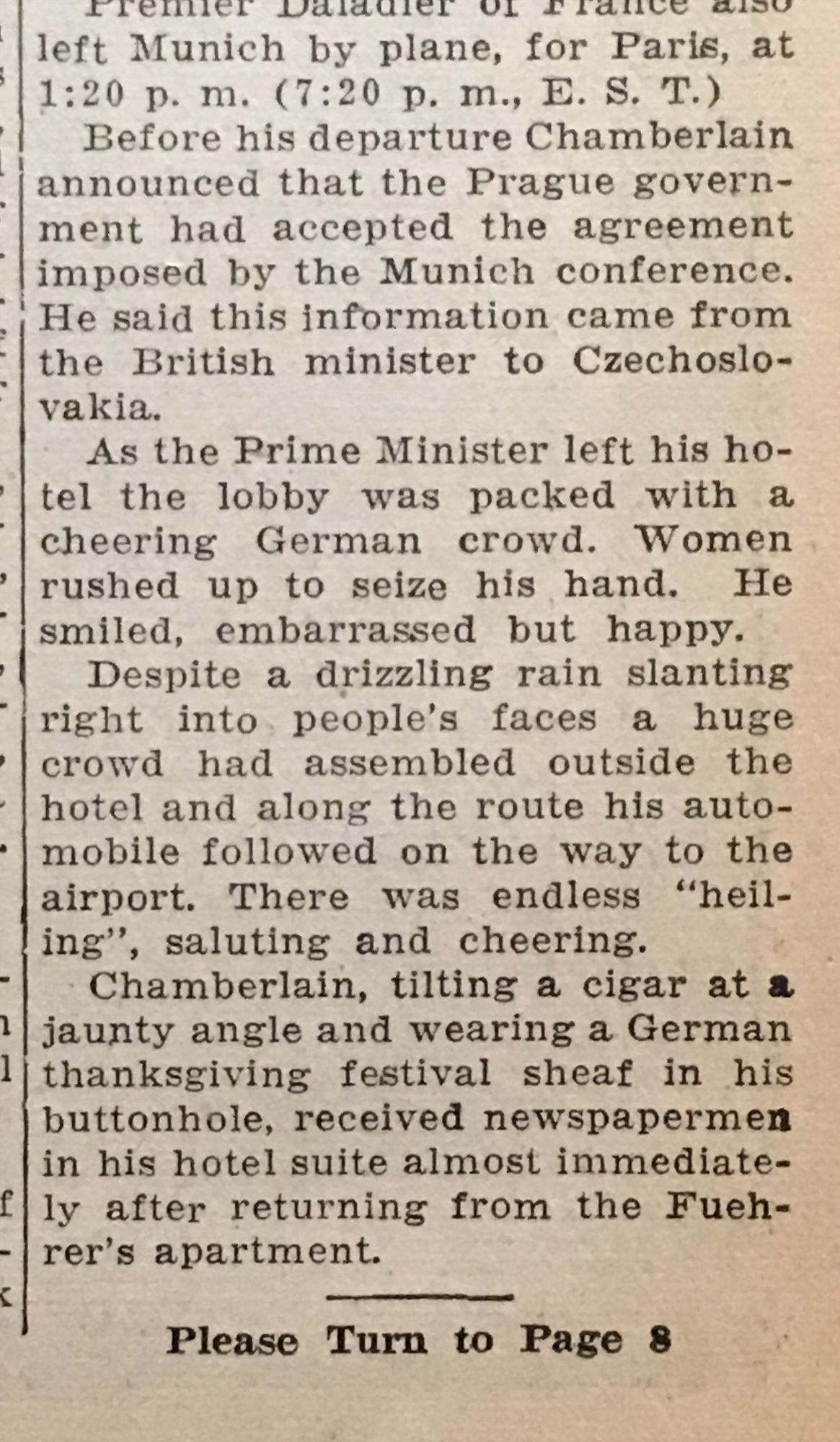 all text: another excerpt from the Taunton MA Daily Gazette containing Associated Press reporting: here on Chamberlain's good mood and the enthusiastic welcome the Nazis gave him