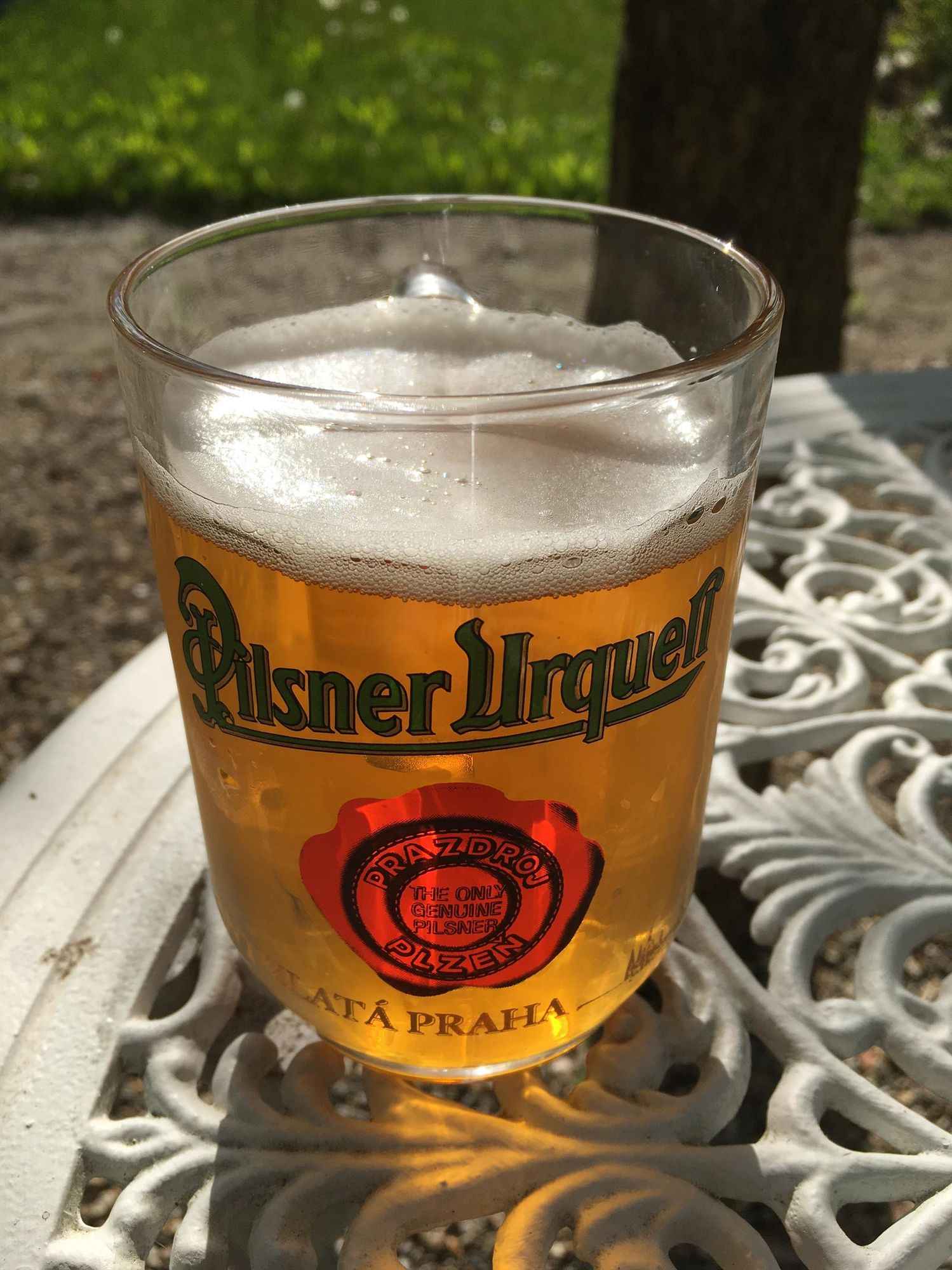 Pilsner Urquell-branded beer mug on white iron garden table