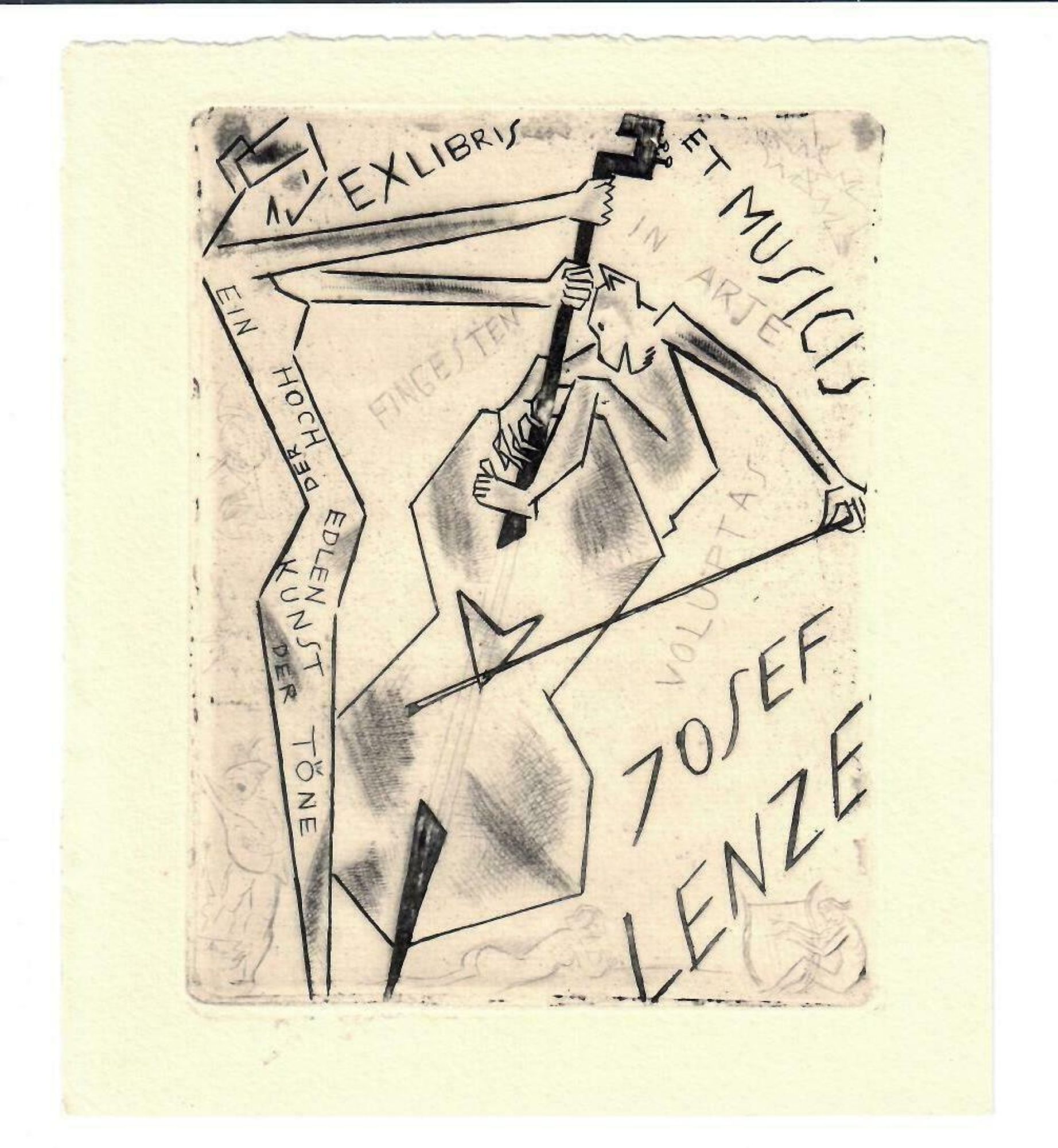 ex libris by Michel Fingesten (1884-1943) for musician  Josef Lenze in Cubist style: grayscale on tan ground

at left, an elongated angular female figure (with the inscription, Ein Hoch der edlen Kunst der Töne) holds the neck of a double bass, while a monkey clings to it and bows

Ex Libris et Musicis Josef Lenze

lighter text in the background includes voluptas in arte and Fingesten as well as as nude and allegorical figures

https://thesrtistryofexlibris.blogspot.com/2012/03/ex-libris-michel-fingesten.html

" one of the most original and productive graphic artists and bookplates designers of the twentieth century"

https://www.colorado.edu/jewishstudies/archives/fingesten-collection