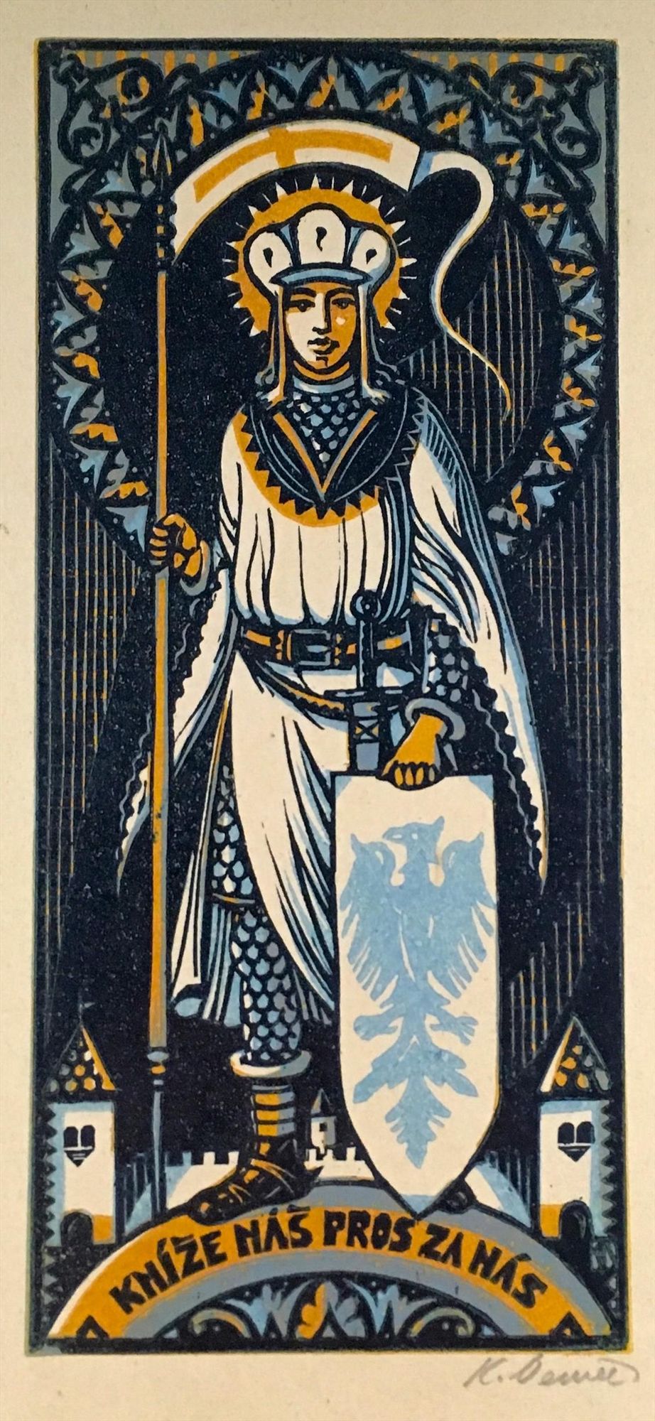 large elongated color pring: the Duke in a white tunic with accents of blue and gold over what looks like scale armor. A golden halo shines from behind an archaic crown with pendant chains. In his right hand he holds a spear or lance with a pennant attached (gold cross on white ground), while the left hand rests on top of a narrow shield with a light blue eagle on a white ground.
A decorated wreath-like design in shades of blue with gold accents takes up the upper half of the background, from his waist to the top of the frame. In the right half and below it, the background consists of deep blue stripes against a light background.
The Saint stands on a vertical semicircular frame inscribed with the famous motto asking him pray for us.
Behind are the white walls and towers of a fortification.