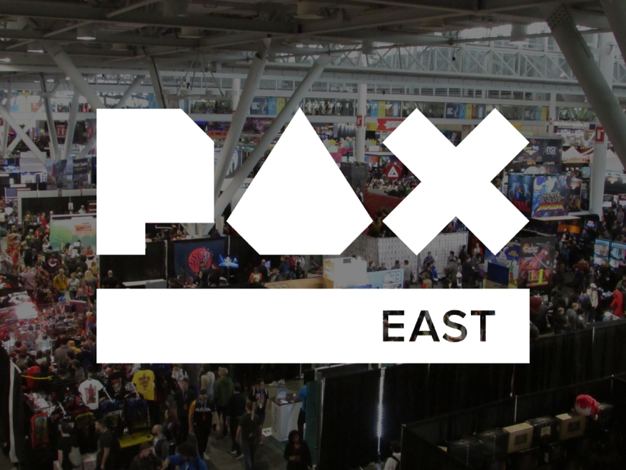 Cover photo of the convention floor with PAX East logo overlaying.