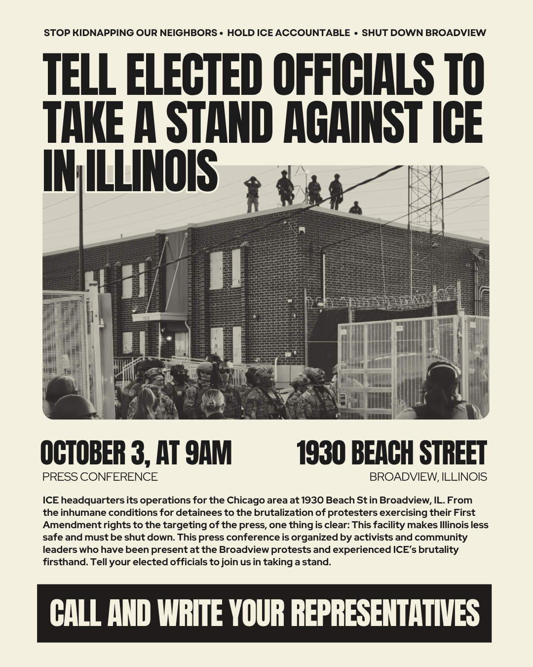 A promotional image for a press conference addressing the actions of ICE in Illinois. It includes details about the event, such as the date, time, and location, along with calls to action urging elected officials to take a stand against ICE and support community efforts.