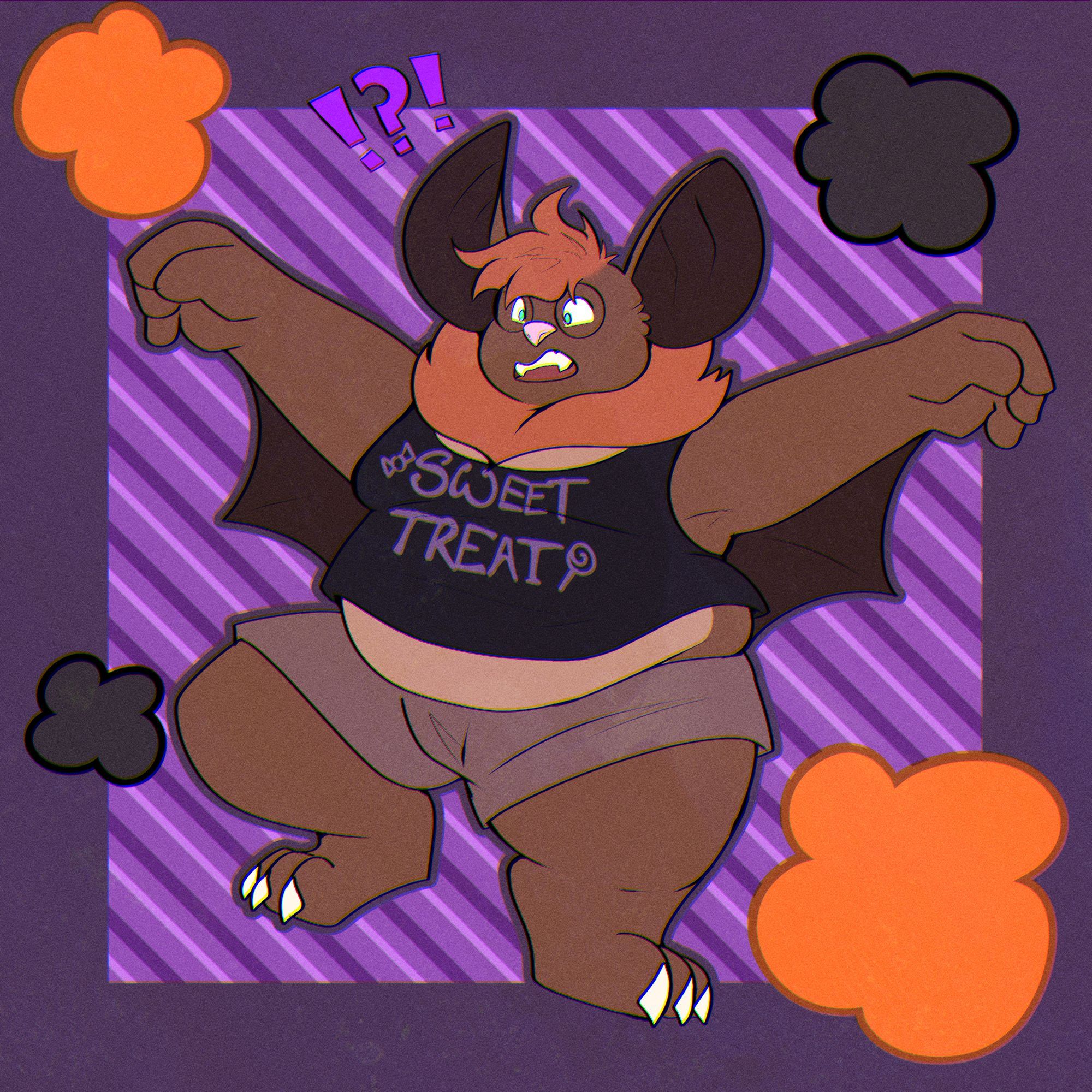 A very surprised looking fat bat fursona wearing circular glasses and a black tank top that reads SWEET TREAT with poofy orange and black puff clouds surrounding him implying that he has been suddenly transformed into a bat spicyart bat fursona furry halloween october spooky season fat