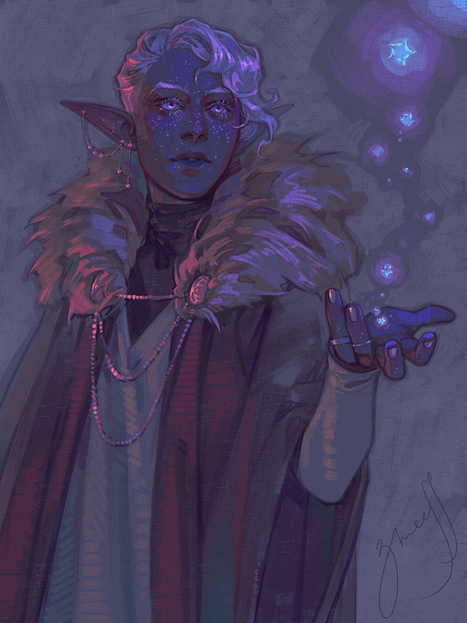 digital fanart of Essek Thelyss standing with one of his hands raised to chest level, casting a spell. he is a drow with white hair with long curly bangs swept to one side, white eyes and dark blue skin with white freckles. he is dressed in a tunic and oversized cloak with loose sleeves and a big fur collar, held together in the front with chain clasps. the picture is relatively dark and employs a cool palette of blues, purples and browns, with cool light blue glow coming from Essek's hand.