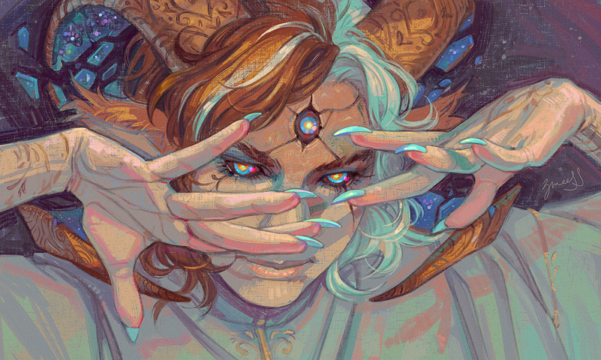 shoulders-up digital painting of a young-looking faun, watching the viewer from behind his hands. he has light skin that fades into a tawny gradient on his forehead, shoulder-length wavy auburn and white hair with the color split down the middle, and large ram's horns that curl out and then in towards his chin. the top side of the horns is brown, with filigree carvings in it, while the bottom side is dark blue like a starry sky. the horns are shattered in a few places, the shards held in place close to each other as if by magic. the faun's eyes have dark sclera, blue irises and bright gold pupils; so does the third eye in the middle of his forehead, embedded into the bone with a few dark cracks around it spreading down the faun's face. all three eyes are looking at the viewer with an intense expression from behind the gracefully held long-clawed fingers, the faun's lips in a slight smile.
the painting is done in a semi-realistic style, with the color scheme that is almost iridescent.