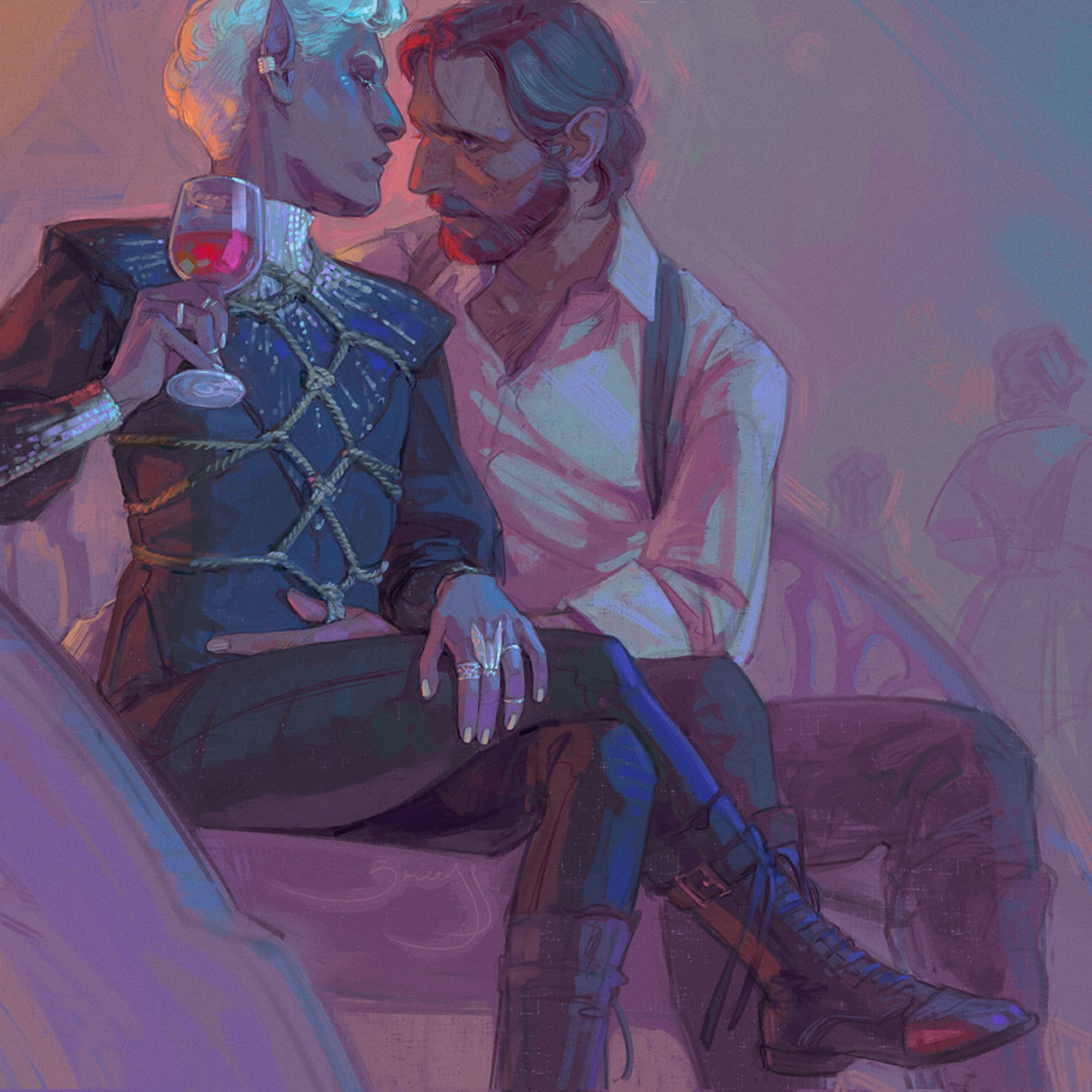 digital fanart of Essek and Caleb from Critical Role. Essek is a drow with light purple skin and short white hair, dressed in an ensemble of a dark form-fitting shirt and trousers with silver embroidery; his torso is wrapped in a hishi karada, plain ropes tied in a repeated diamond pattern over his clothes. Caleb is a light-skinned human with chin-length red hair and a beard, wearing a simple white shirt, underarm holsters and dark pants. 
they are lounging on a settee, looking at each other. Essek is sitting with his legs crossed, holding a glass of wine in his right hand; Caleb is leaning in to Essek, his left hand resting low on Essek's stomach, with the thumb sliding underneath and slightly tugging on the ropes leading down between Essek's legs.