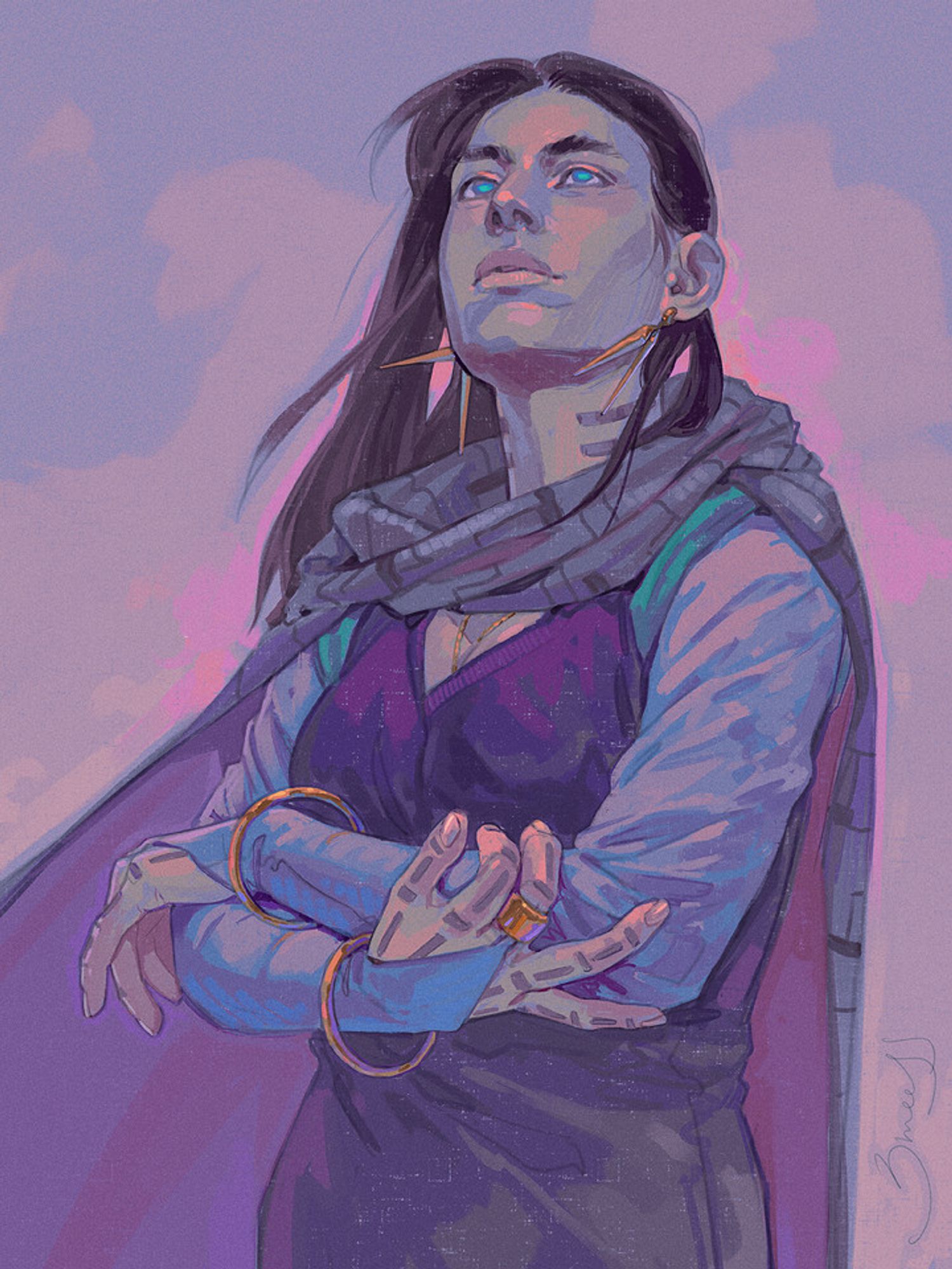 a hips-up digital painting of a character hugging herself, looking up with a wistful expression on her face. she has light skin, long straight black hair, pupil-less blue eyes and dark tattoos in the form of straight bars loosely following the bones of her skeleton. she is wearing a simple dark blue dress with tight light blue sleeves that end in a triangle connected to a thick gold ring on each of her middle fingers, a grey cloak with a purple lining inside and a geometric black pattern outside, a thin gold bangle on each wrist, a necklace disappearing between her breasts and under the neckline of her dress, and a pair of dangle earrings consisting of two dagger-like shapes. her hair and cloak are moving with a slight wind, and behind her is a backdrop of moody gray-pink skies.