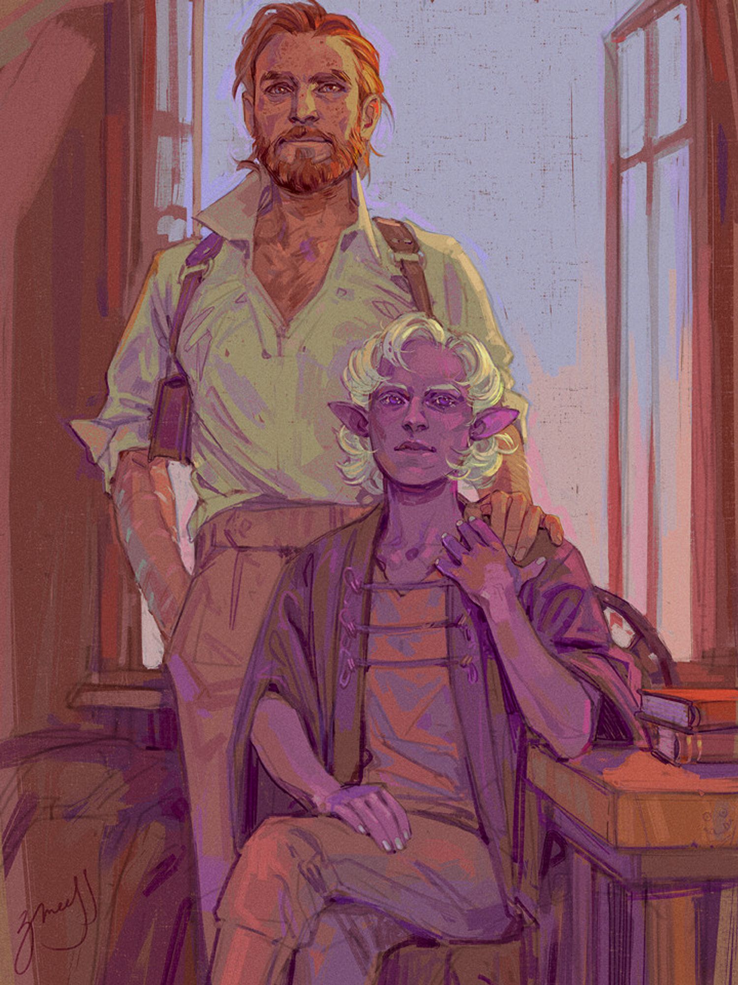 digital fanart of Essek and Caleb from Critical Role. Essek is depicted as a slender drow with lavender skin and curly white hair that reaches past his chin, while Caleb is a light-skinned bearded human of average build, with ginger hair that is brushed back and is straighter than Essek's, but is of a similar length. they're both dressed in comfortable clothes: simple trousers and shirts, Caleb's sleeves messily rolled up, exposing the regularly spaced long-healed scars on his forearms, and Essek wearing an elegant house robe over his lounge clothes, its split sleeves too showing his naked arms. Essek is sitting down, while Caleb stands behind him, one of Caleb's hands resting on Essek's shoulder, and Essek reaching up and touching Caleb's hand with his fingertips. they are both relaxed and smiling gently in a slightly shaded room painted in tones of brown; behind them is an open window, showing soft blue and pink sky, the sun lighting the edges of their shoulders and hair.