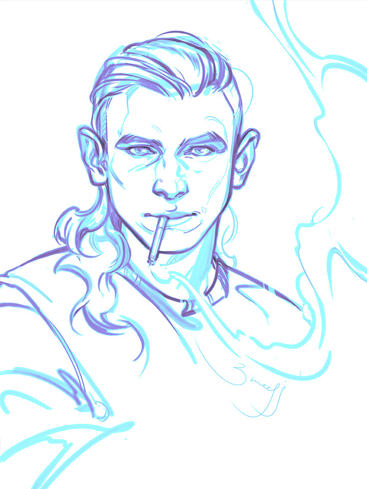 shoulders-up digital line-art drawing of a man with long wavy hair in a side-shave mullet, facing the viewer and looking at them with one slightly raised eyebrow. there is a lit cigarette between his lips, with wavy tendrils of smoke coming off the tip of it and curling around his head.