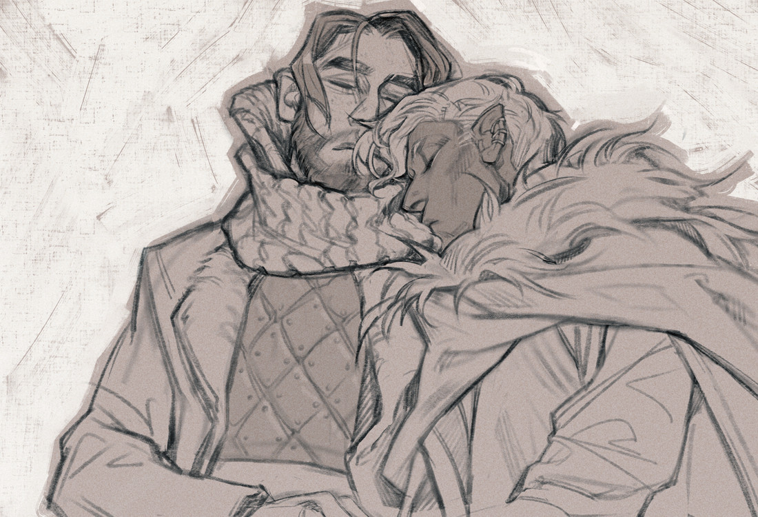 digital sketch of Caleb and Essek from critical role, styled to look like a pencil drawing on tan paper. they are depicted from the waist up. both of them are wearing warm winter clothes; Caleb has a heavy coat and scarf on, and Essek is wrapped in a thick cloak with a large fur collar. they are sleeping peacefully; Essek is resting his head on Caleb's shoulder, face tucked into his scarf, and Caleb's face is turned into Essek's hair.