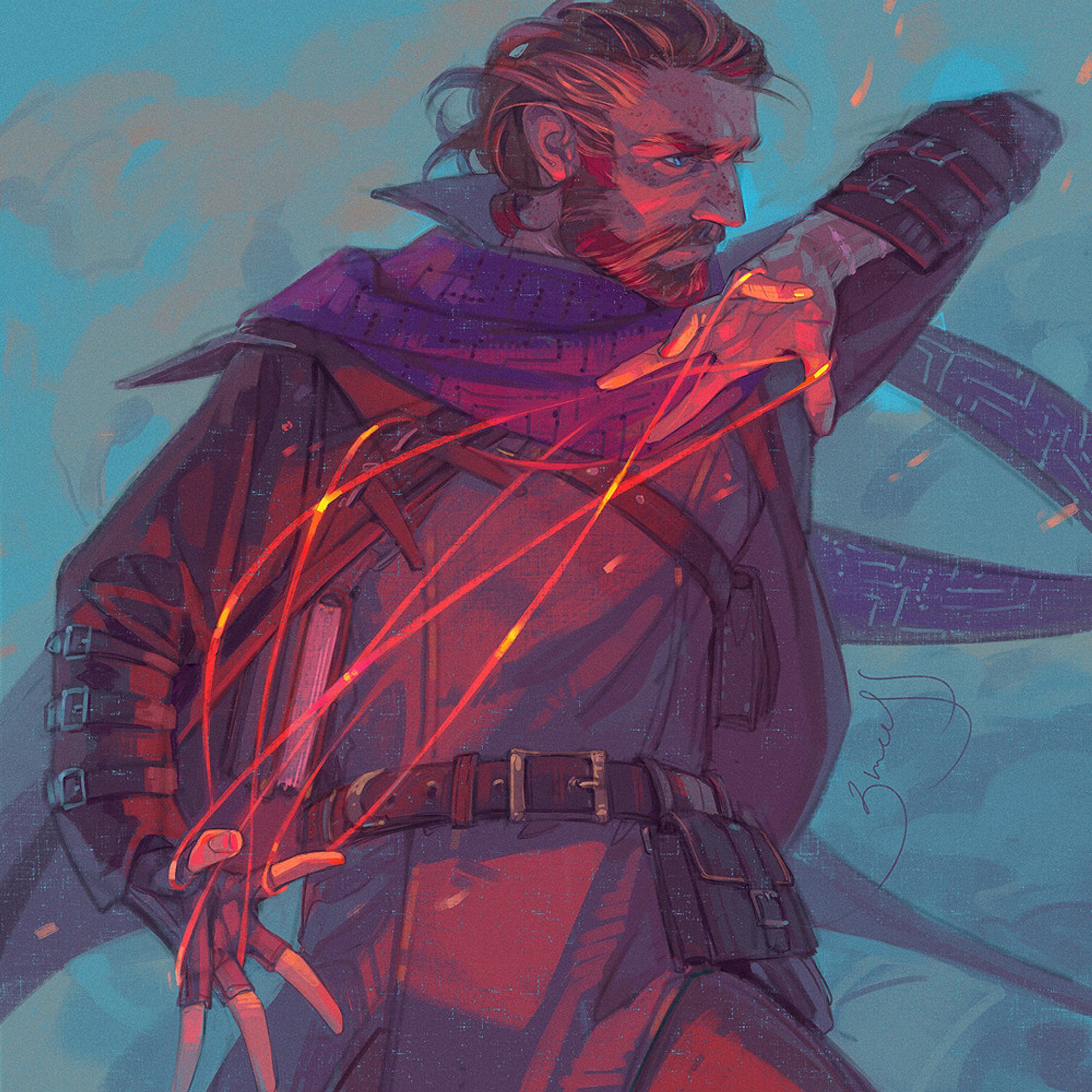 digital fanart of Caleb Widogast from Critical Role, depicting him in the middle of casting a spell with a wide gesture of his hands; it looks like fiery red strings of a cat's cradle. he is a light-skinned man with dark auburn and gray wavy hair, and is wearing a dark leather duster, open in the front and revealing a book under his right arm and a number of various pouches; there is a purple scarf with a geometric pattern around his neck. he is lit by the red glow from his spell, and has the same dark teal sky and dust storm behind him.