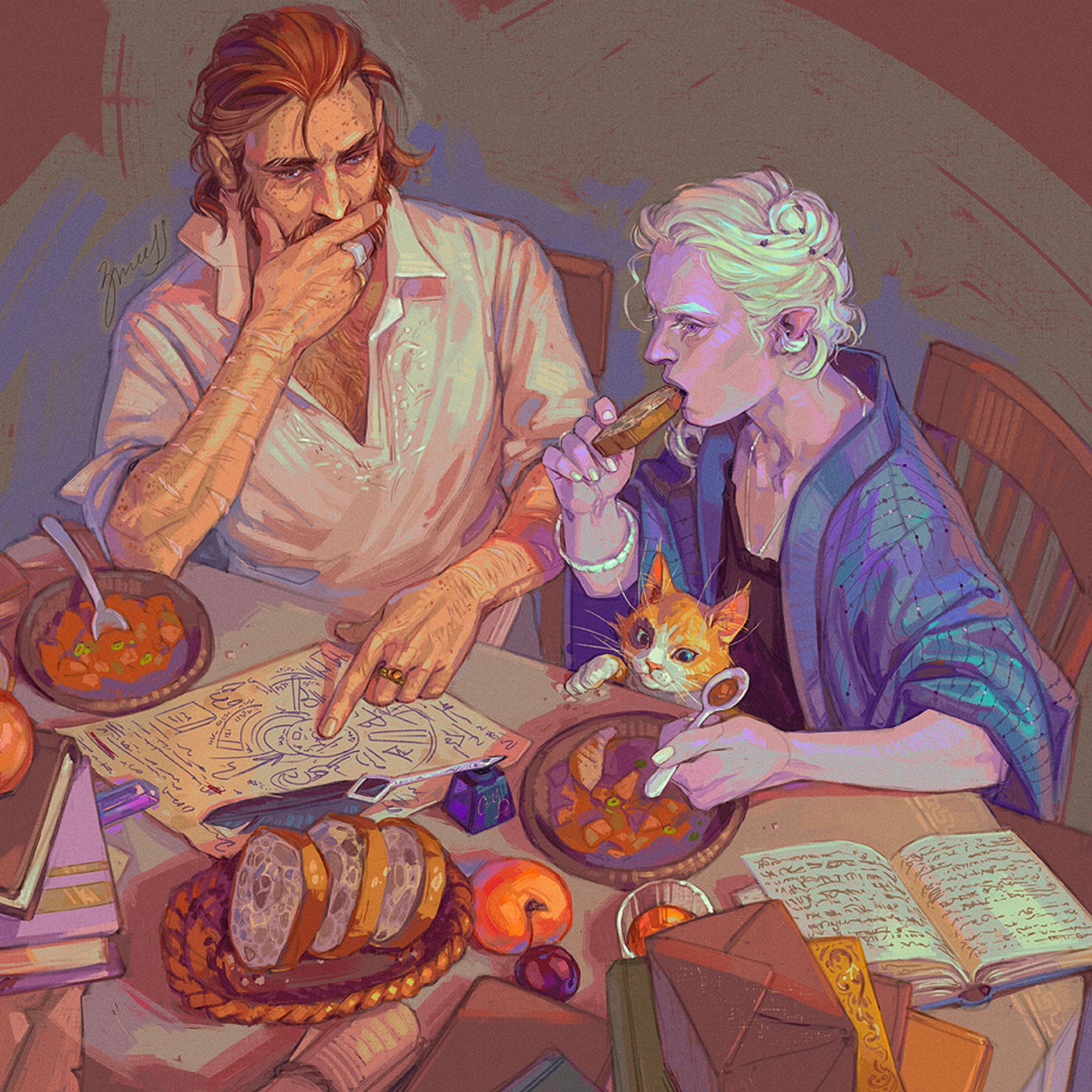 digital fanart of Caleb Widogast and Essek Thelyss from Critical Role, having dinner and a heated discussion at the same time.

Caleb is a light-skinned thin human in his forties; his dark red hair is swept back, and there is a touch of white at his temples and in his full beard. he is dressed in a white shirt, the embroidered collar open and the sleeves rolled up to reveal the regularly spaced long-healed scars on his forearms.

Essek is a young-looking slender drow with dusky lavender skin and shoulder-length white hair, which is curled in a swirl and pinned back neatly. he is dressed in a low-necked black shirt and a dark blue silk robe over it.

they're sitting at a dinner table, cluttered with both food and various books and scrolls. there is a woven bread basket, a peach and a plum lying next to each other, an inkwell with a quill, an open book next to Essek. Caleb is rubbing his jaw pensively with his right hand, pointing at something on a sheet of parchment in front of him with his left index finger, having pushed his half-finished bowl of soup to the side. Essek is sitting close to Caleb, holding a spoon in his left hand over his own bowl of soup and about to bite down on a slice of crusty bread in his right. he is looking at whatever Caleb is pointing at, leaning forward and listening intently. there is a calico cat in his lap, her mischievous face just visible over the edge of the table, and she is trying to swipe some bread crumbs closer to herself with a paw.

the color scheme is warm and bright, as if the room is lit with afternoon sun, and the semi-realistic rendering is done with wide textured strokes.