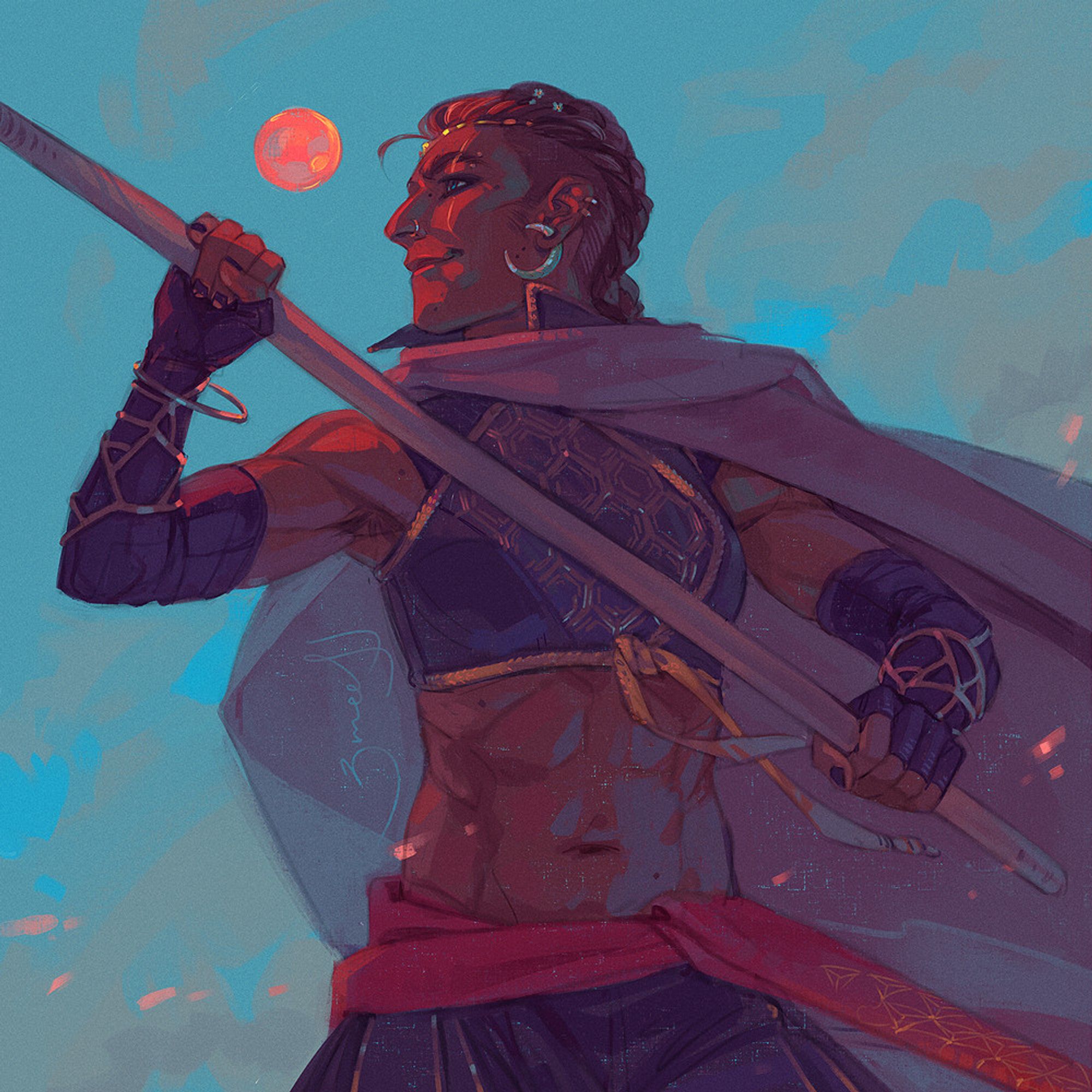 digital fanart of Beauregard Lionett from Critical Role, standing in a dynamic pose, caught in the middle of swinging her bo staff. she is a brown-skinned woman with dark hair in a braided mohawk, wearing a dark blue sleeveless top that exposes her midriff, dark blue pants, a red sash around her hips, long fingerless gloves with wiry geometric bracers over them, and a light gray cloak that's whipping around her in the wind. she is lit by the light of the little red moon Ruidus; behind her there is a dark teal colored sky and clouds of a dust storm.