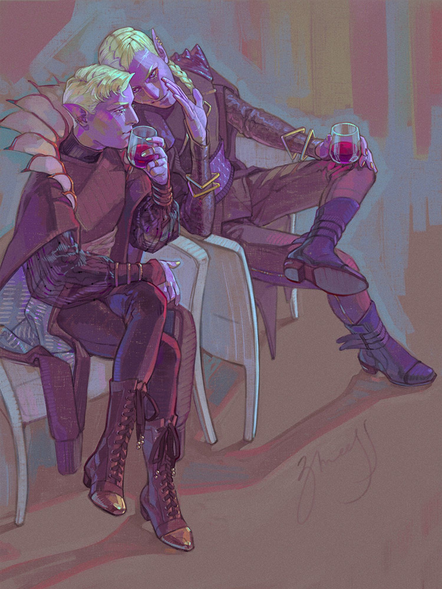 digital fanart of Essek and Verin Thelyss from Critical Role. both of them are drow with white hair and light purple skin; Essek has short wavy hair with the bangs swept to one side, and Verin's longer hair is braided into two french braids. they're sitting in armchairs pushed close together, presumably at a formal party, with Verin leaning over to Essek, shielding his mouth with his hand and whispering something to his brother with a smile. his posing is very laid-back, with his left ankle resting on his right knee, and he's holding a stemless wine glass in his left hand, propping it against his leg. Essek is sitting with his legs crossed, looking at something off in the distance and hiding a small smirk behind his wine glass. both of them are dressed in fancy dark layered outfits. the picture employs a limited palette of various shades of brown, purple, red, teal and lemon yellow.