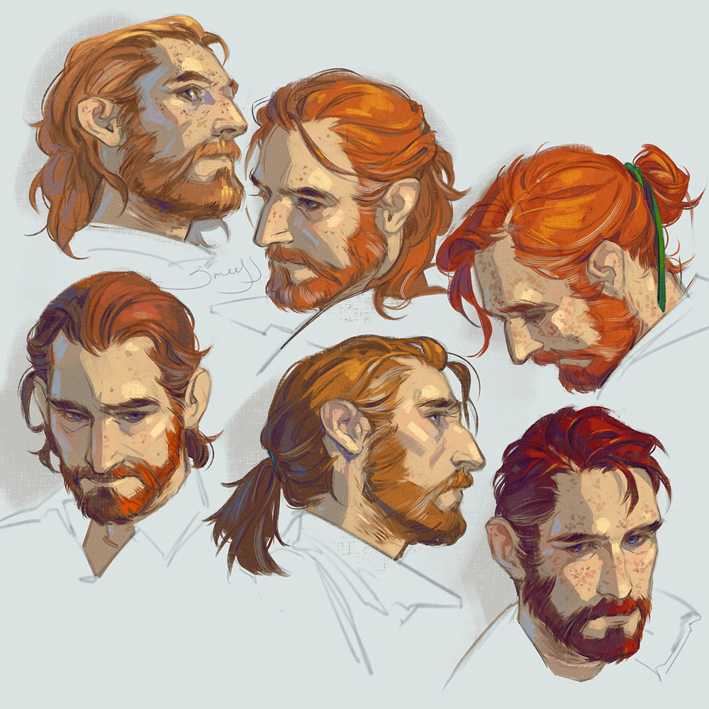 six digital colored headshots of Caleb Widogast from Critical Role, who is a light-skinned man with blue eyes, slightly graying wavy hair and a full beard; each drawing depicts him with a different shade of red hair, from strawberry blond to bright red to auburn.