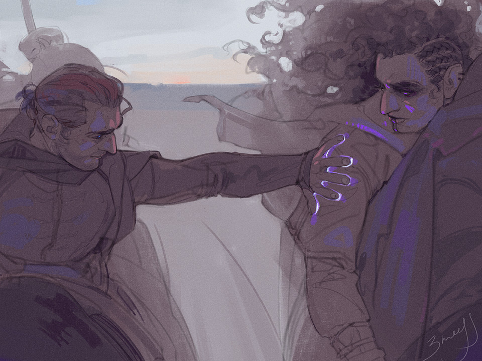 the second illustration, depicting Yasha and Caleb from their waists up, riding on moorbounders that are only lightly sketched. Caleb is reaching over to Yasha and slapping his left hand on her shoulder, casting Gift of Alacrity that looks like light purple glow emanating from his palm. behind them, there is a gray overcast sky and the badlands of the Barbed Fields.