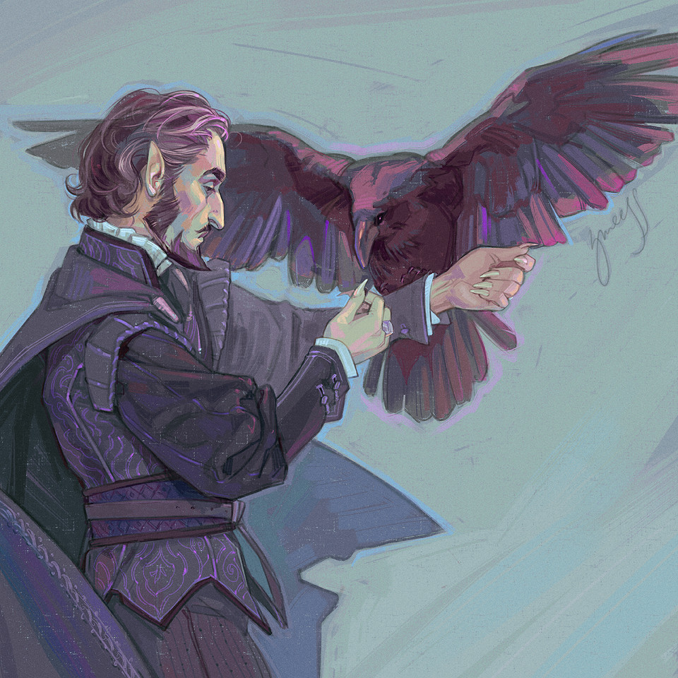 a digital hips-up painting of a person in profile, extending their left arm forward; a large black raven swoops down to perch on the forearm, its wings spread wide. the character is thin, pale-skinned, has pointed ears and dark chin-length hair with some gray in it, slightly wavy and swept back. his facial hair is very well-groomed and consists of a pointy goatee and a thin moustache; his facial features are handsome and chiseled, with a long hooked nose and deep-set eyes. he is wearing an elegant mostly black outfit, with some silver embroidery on it: a doublet-like jacket with voluminous sleeves, a wide layered belt, simple pants and a long cape, flapping in the wind. his right hand is raised to offer a treat to the raven. behind them, there is a suggestion of a gray-blue overcast sky done with wide brushstrokes. the color palette is cool and muted, with some rose-colored highlights.