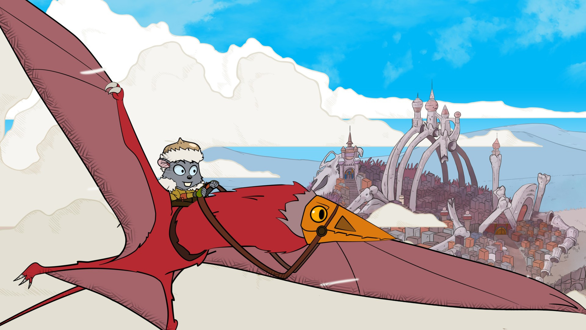 A screenshot from an animated short depicting a tiny mouse warrior riding a flying red pterosaur. They just swooped out of a cloud bank and behind them far away on the ground we see a massive city built on the bones of a gigantic dead creature. This screenshot is from a personal pitch of the artist called "SCALE".