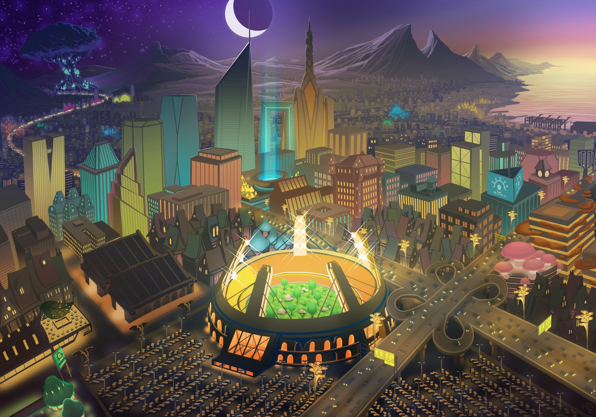 A helicopters view of a fantasy-style city down town at dusk. Our view is centered on a stadium lot that's fully lit in preparation for a well attended fantasy table top inspired professional sport. The field looks like a grassy chessboard with a forest sprouting out of it. In the distance we can see a crescent moon, craggy mountains, and a giant ancient tree covered in lights.