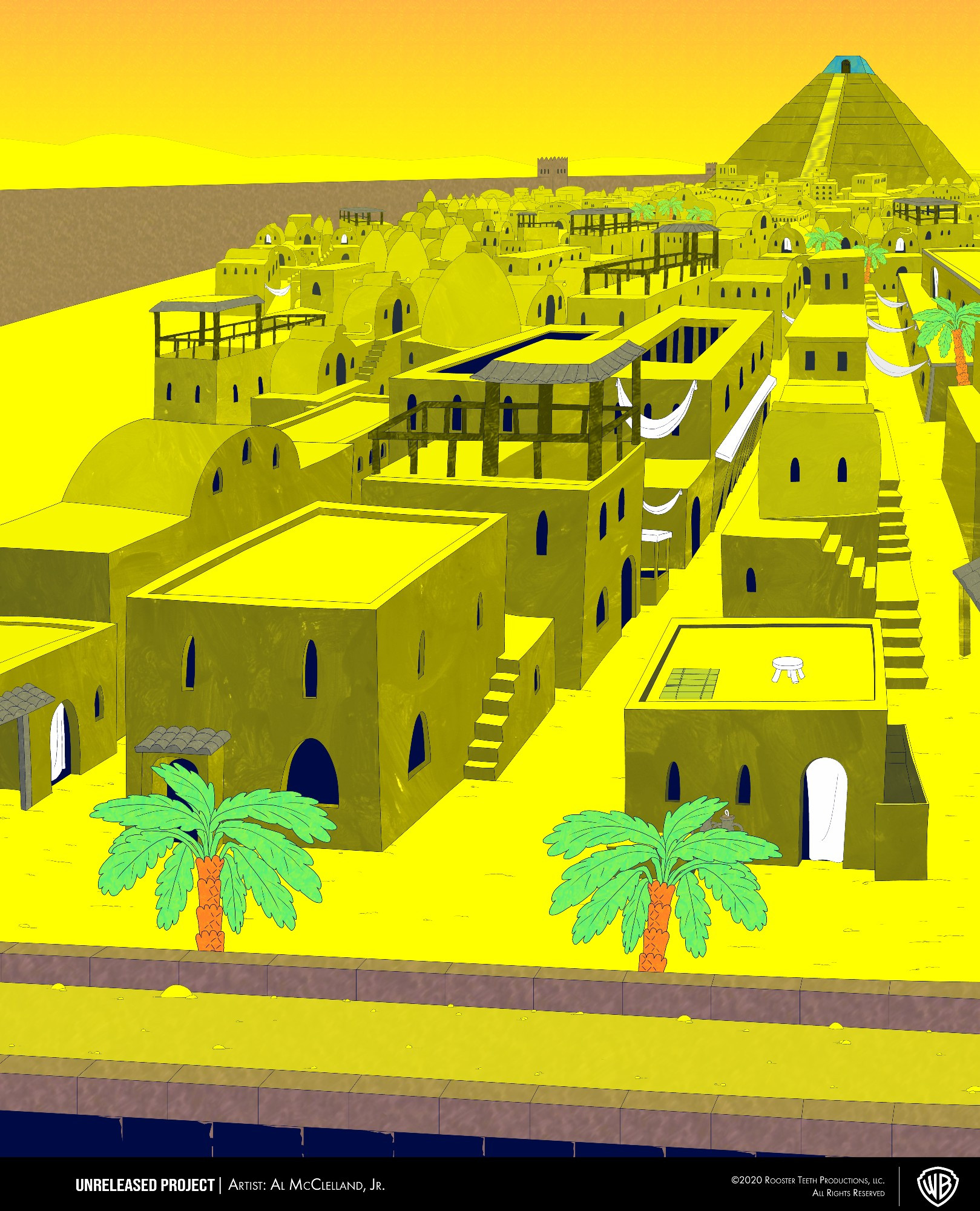 A large background painting of peering over the wall an extremely bright yellow Mesopotamian city with a ziggurat in the distance. the shadows and are all very textured like real paint smudges, we can see down several streets and alleyways forming paths towards the distant temple.