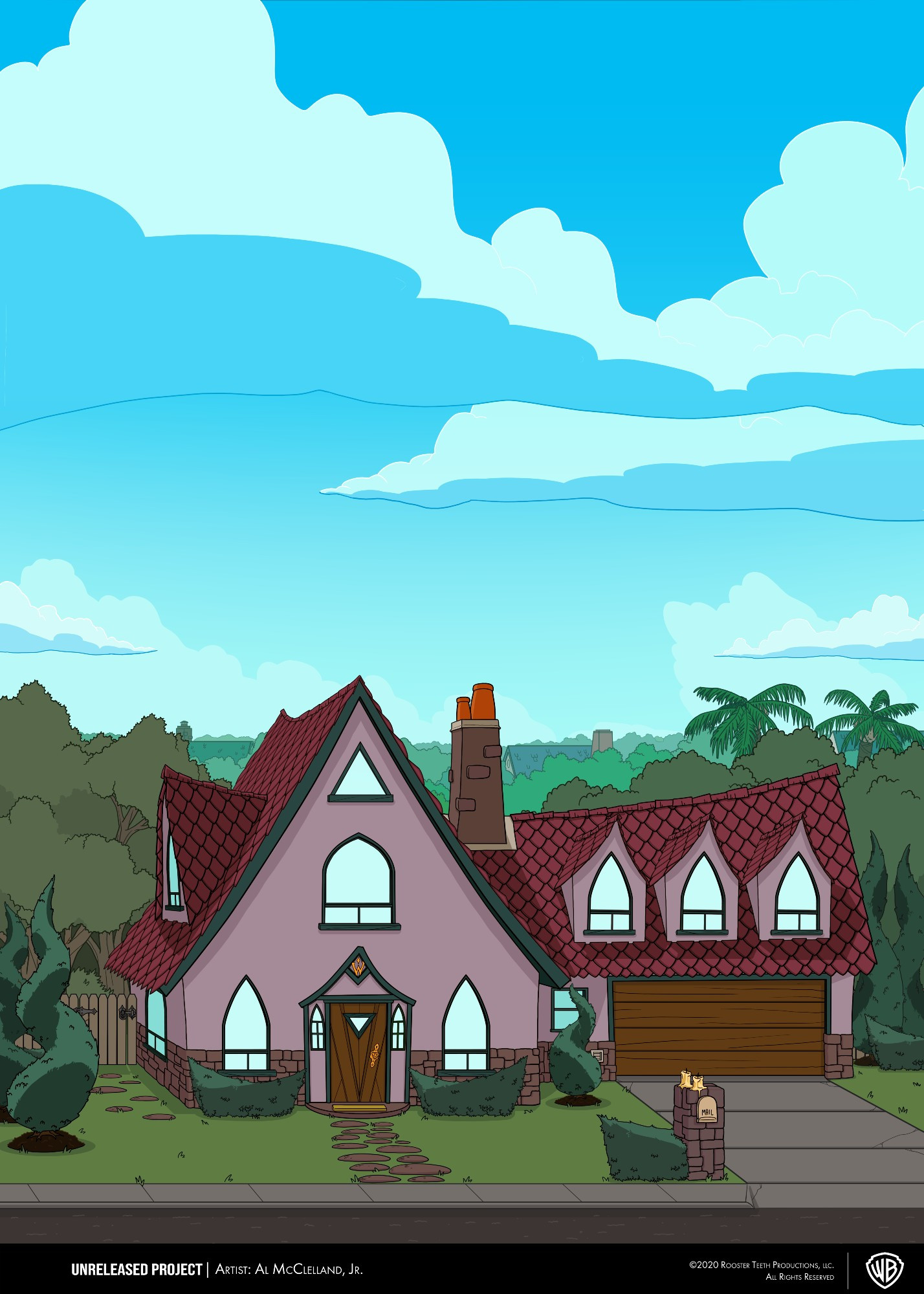 A tall background painting of a family home that's whimsically pointy and a little bit pastel-goth in color palette. The windows and doors are also have pointed tops almost like cathedral windows. The mailbox out front has a couple of half melted candles. The upper part of the painting is a bright blue sky for stylized clouds implying proximity to the ocean. Palm trees sway in the distance.