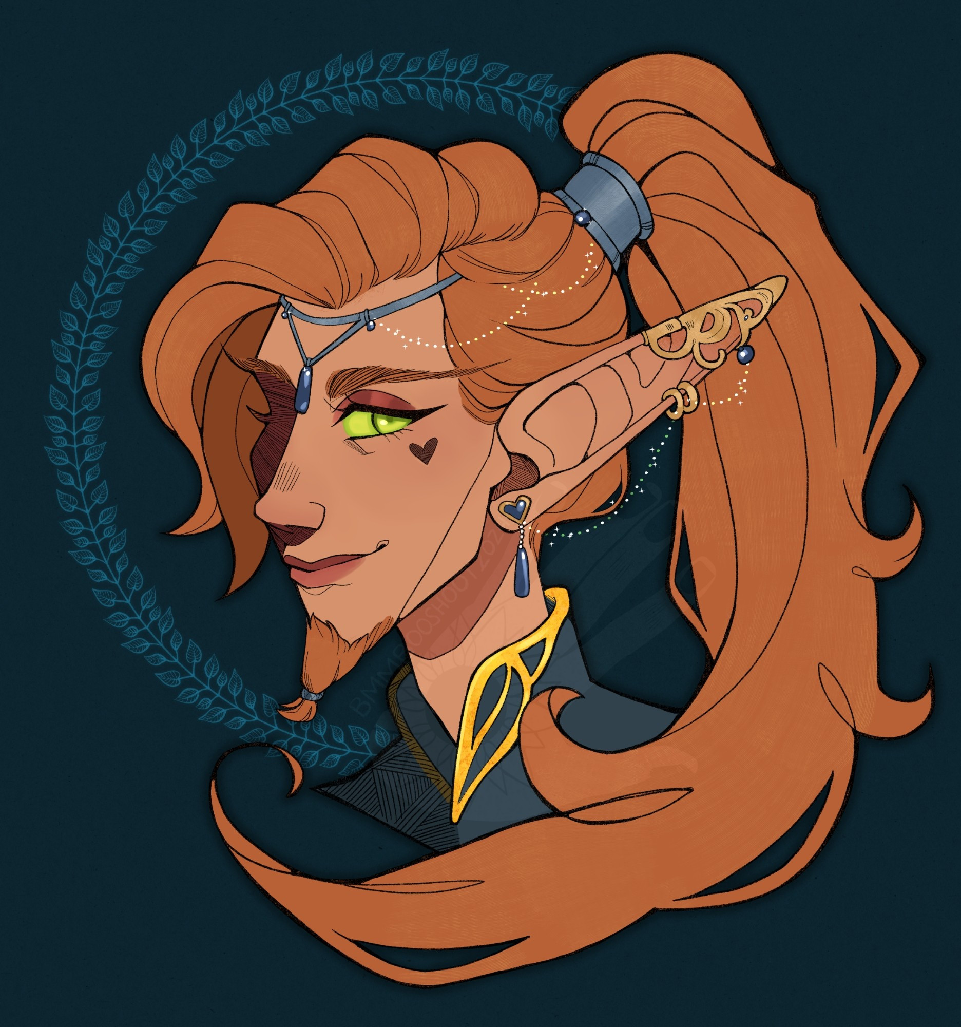 a tan skinned blood elf facing left and looking at the viewer. he has long orange/red hair that trails down in a swoop around his face like a frame. he has striking visible  green eye, including sclera. he has a slight sly smile and a heart shaped beauty mark under his left eye