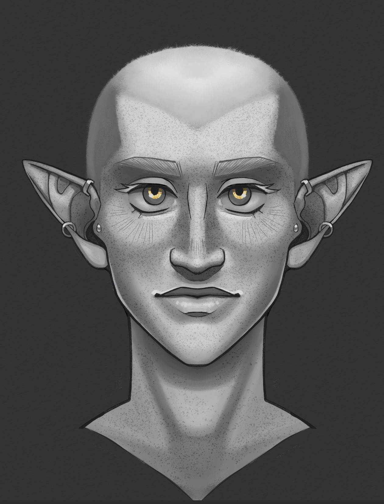 a painted bust of an elf man with golden rings in his eyes around the pupils. 