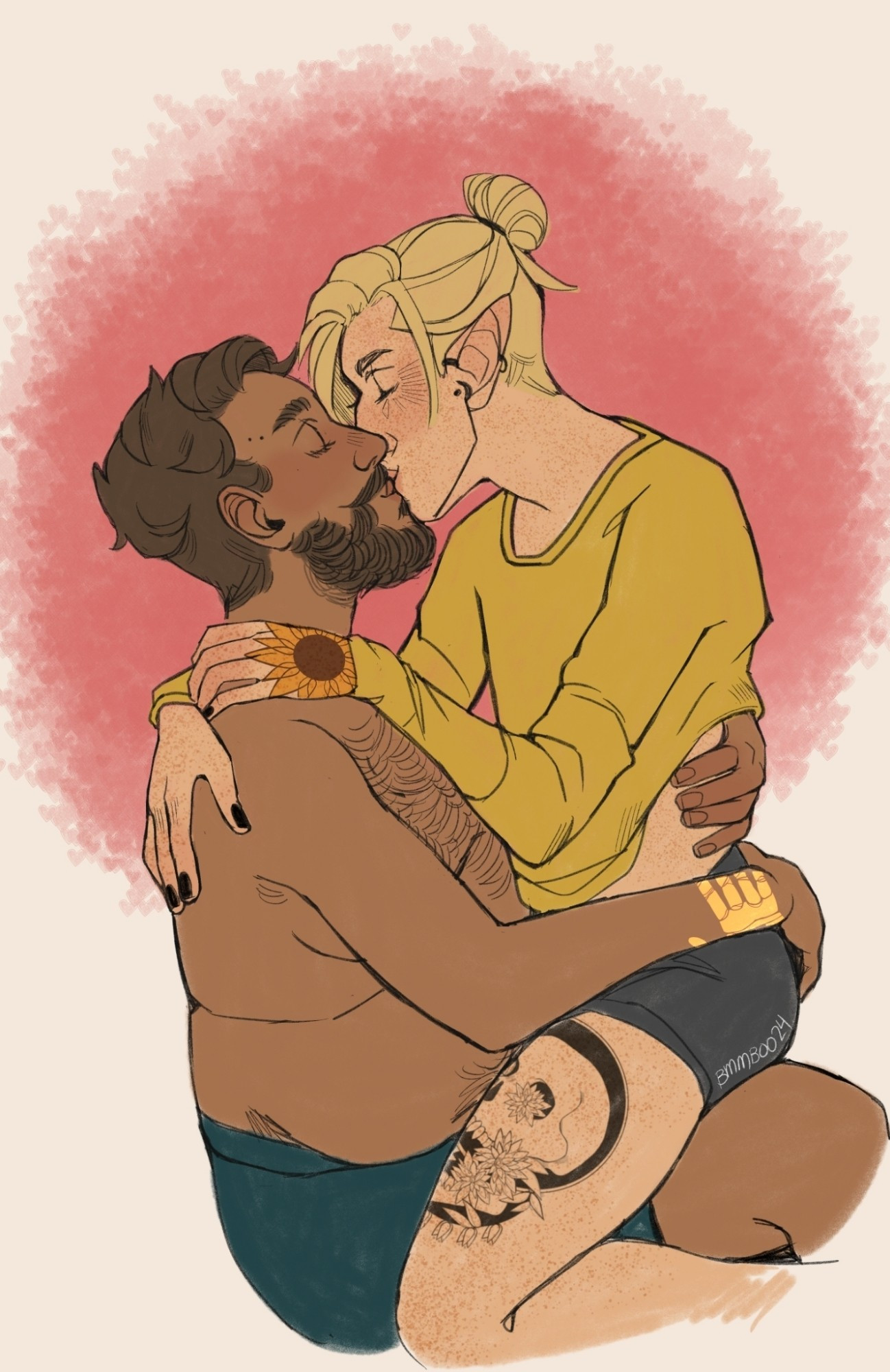 A colored sketch of two men kissing. Luka is shirtless, sitting, and he holds Tychon, wearing a long sleeve shirt and underwear, in his lap