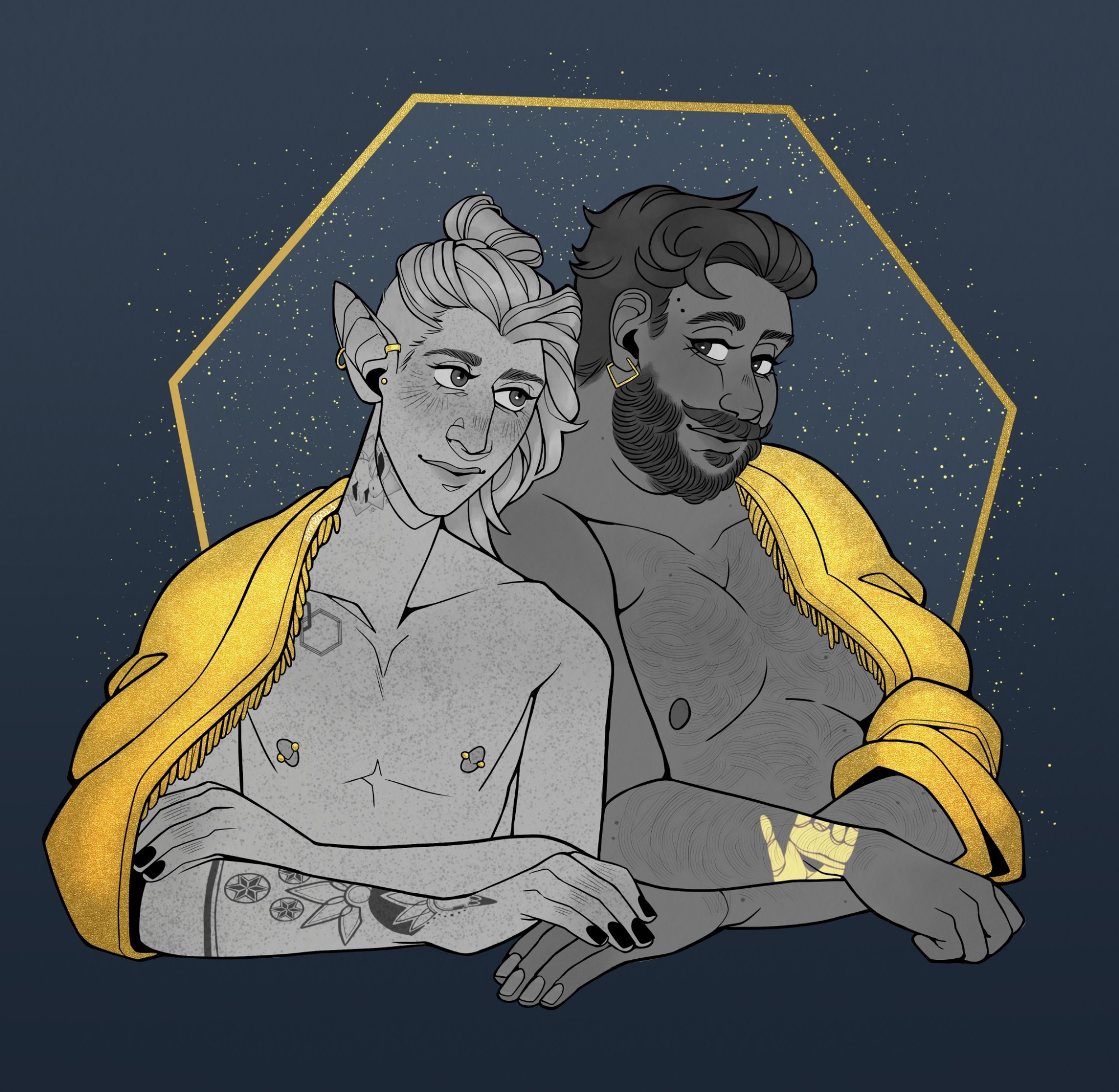 a black & white portrait from the chest up of my Ocs, Tychon & Luka. They have a gold blanket around their shoulders and there are highlighted gold accents like their earrings.