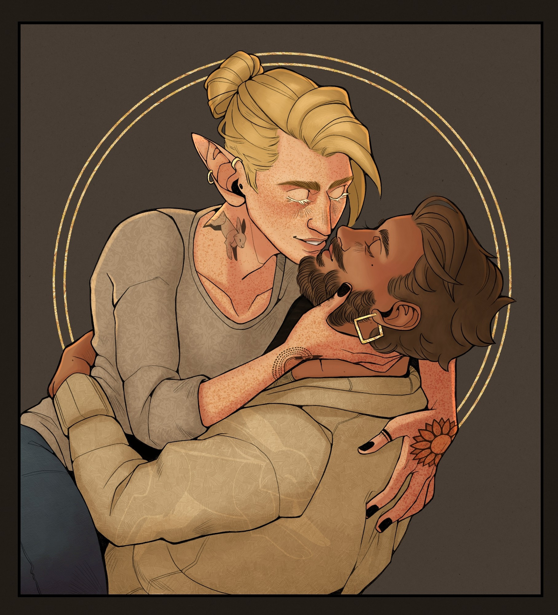 a rendered drawing of two men in a romantic embrace. on the left, slightly elevated as if sitting in his partner's lap, is Tychon. He is a blond elf with his hair pulled into a bun and his bangs hanging down the side of his face. his eyes are closed and he holds his lover's head in his right hand, tipping him up as they almost kiss. his left hand rests on his partner's back. 

his partner, on the right, is Luka, a brown skinned man with light-ish brown hair and a full beard & moustache combo. he has his left arm around Tychon's side and resting on his back. 

Tychon is wearing a lightly patterned beige shirt and luka wears a somewhat fluffy looking ivory sweater.