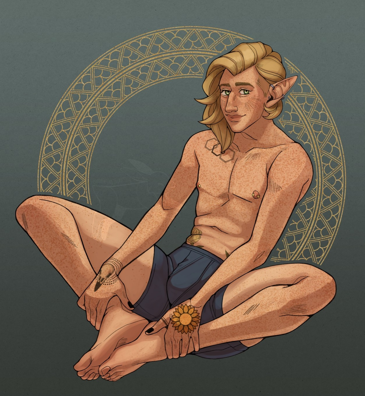 a rendered picture of Tychon, my elf OC, sitting. He's wearing only a pair of dark blue boxers, leaning slightly back with his feet together. he rests his hands on his ankles. his long blond hair is pulled to the side, slightly draped over his collarbone. He looks somewhat bashfully towards the viewer. His green eyes have a metallic golden ring around the pupil.