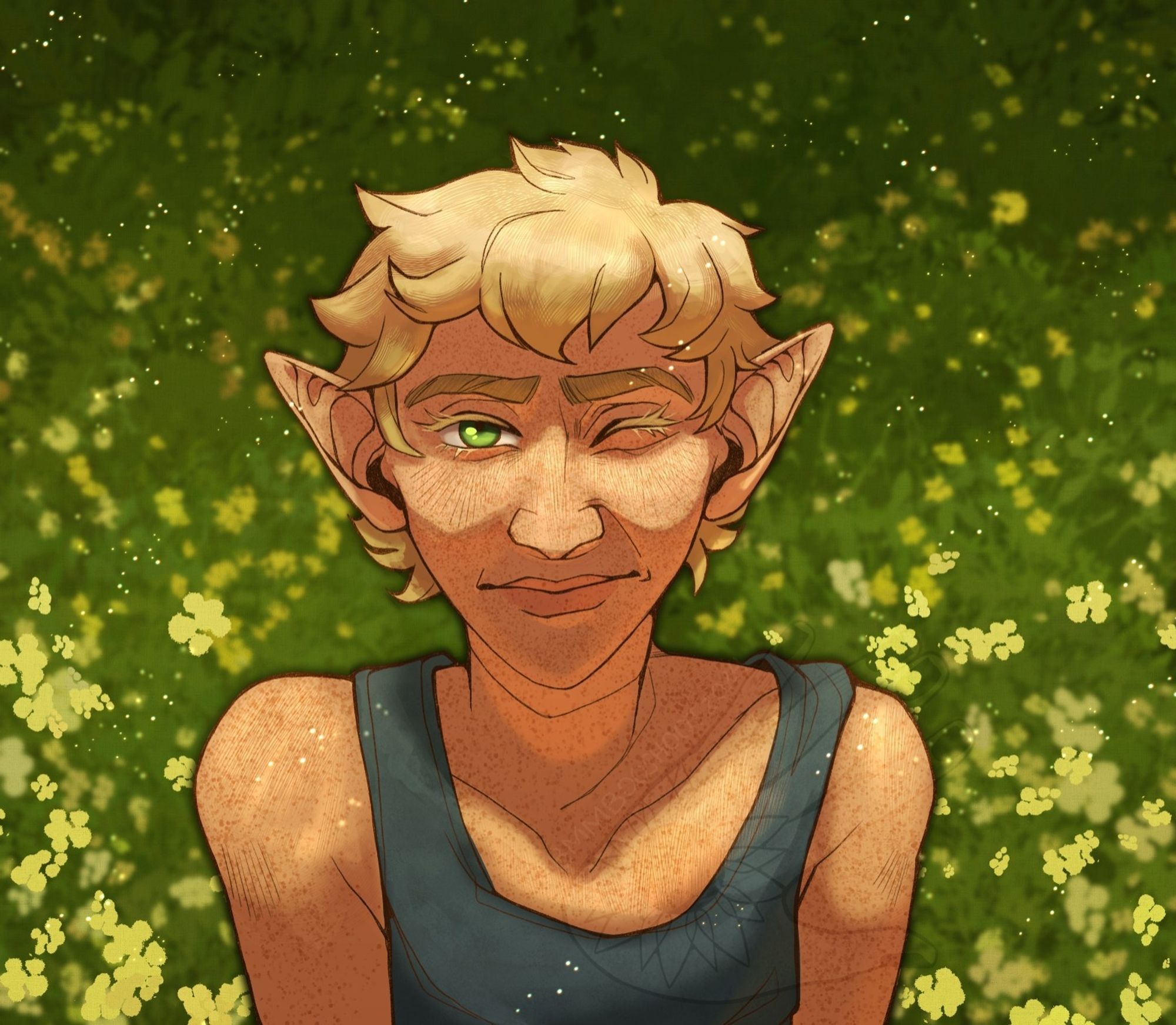 a chest-up portrait of a blond elf boy (My OC Tychon). He is squinting against bright light with one eye shut and the other partially open. his expression looks to be a fraught half smile pulled back from the squinting. He is meant to be seen as younger here, mid-teens. He has bright blond hair and green eyes. In the background, a nondescript field of grass and yellow flowers.