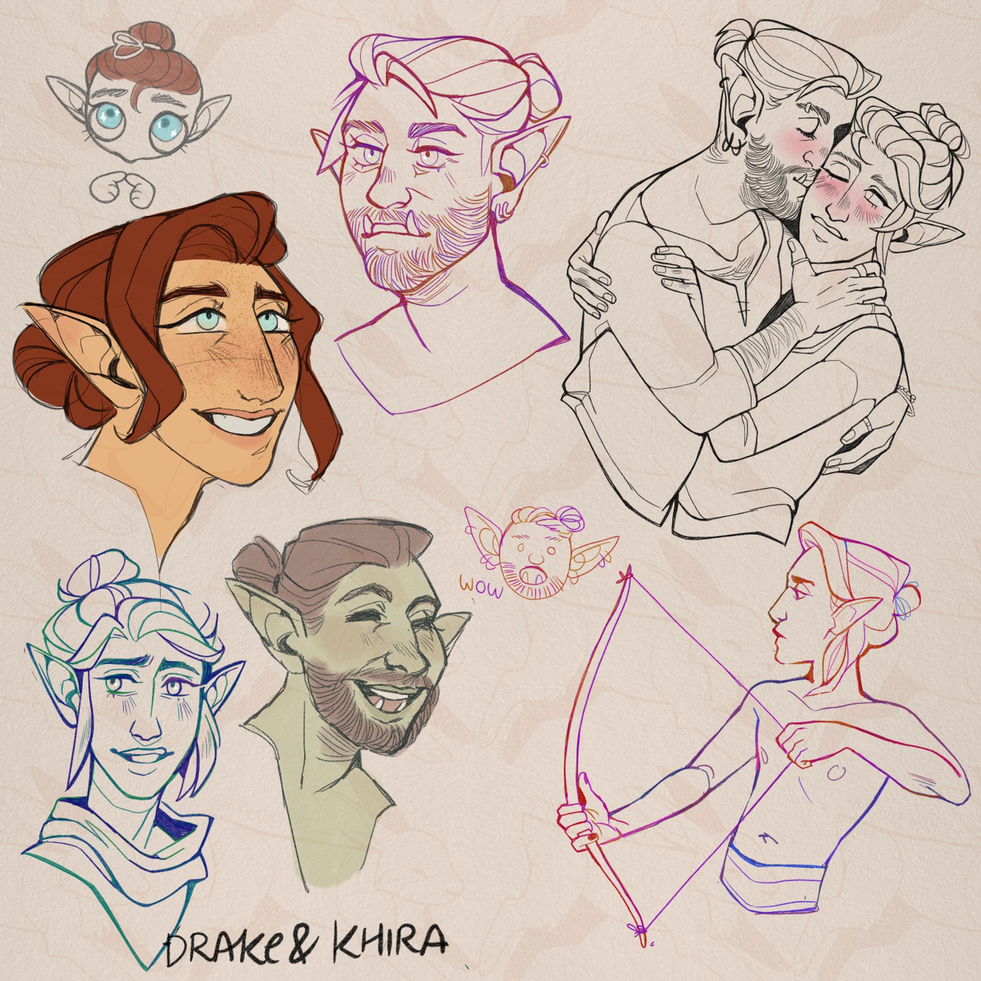 a page full of various doodles of two characters, a half orc man (drake) and an elf man (khira). from top right, clockwise: a silly meme-like drawing of the elf with large cartoon eyes and cartoon hands looking up as if pleading. a pink/red toned portrait of drake. drake has his hair tied back in a small bun, and a neat beard. he has tusks on his bottom jaw. top right - drake and khira in a tender embrace inspired by klimt's the kiss. a drawing of khira shirtless holding a bow (poorly, i didn't look at reference lol). two headshots, one of drake with washed out colors where he is smiling brightly and one of khira in blue tones where he looks sheepish. finally khira looking up happily - he has bold ginger red hair and crystal blue/teal eyes.