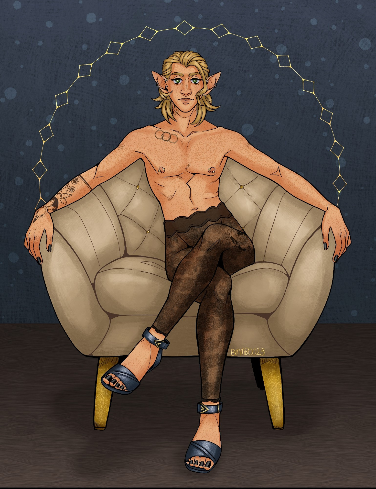 a picture of an elven man sitting in a large beige armchair. his arms are spread, hands resting at the end of the armrests. he is wearing sheer ankle-length tights with a rose print, and peep toe heels. his legs are crossed at the knee.