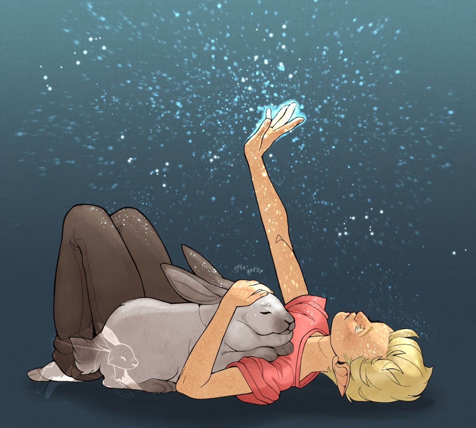 an elf boy laying on his back with his knees up. his right arm is outstretched, glowing pale blue with magic. his left arm is wrapped around a very large rabbit with sable point coloring, she has her front paws resting over his shoulder.