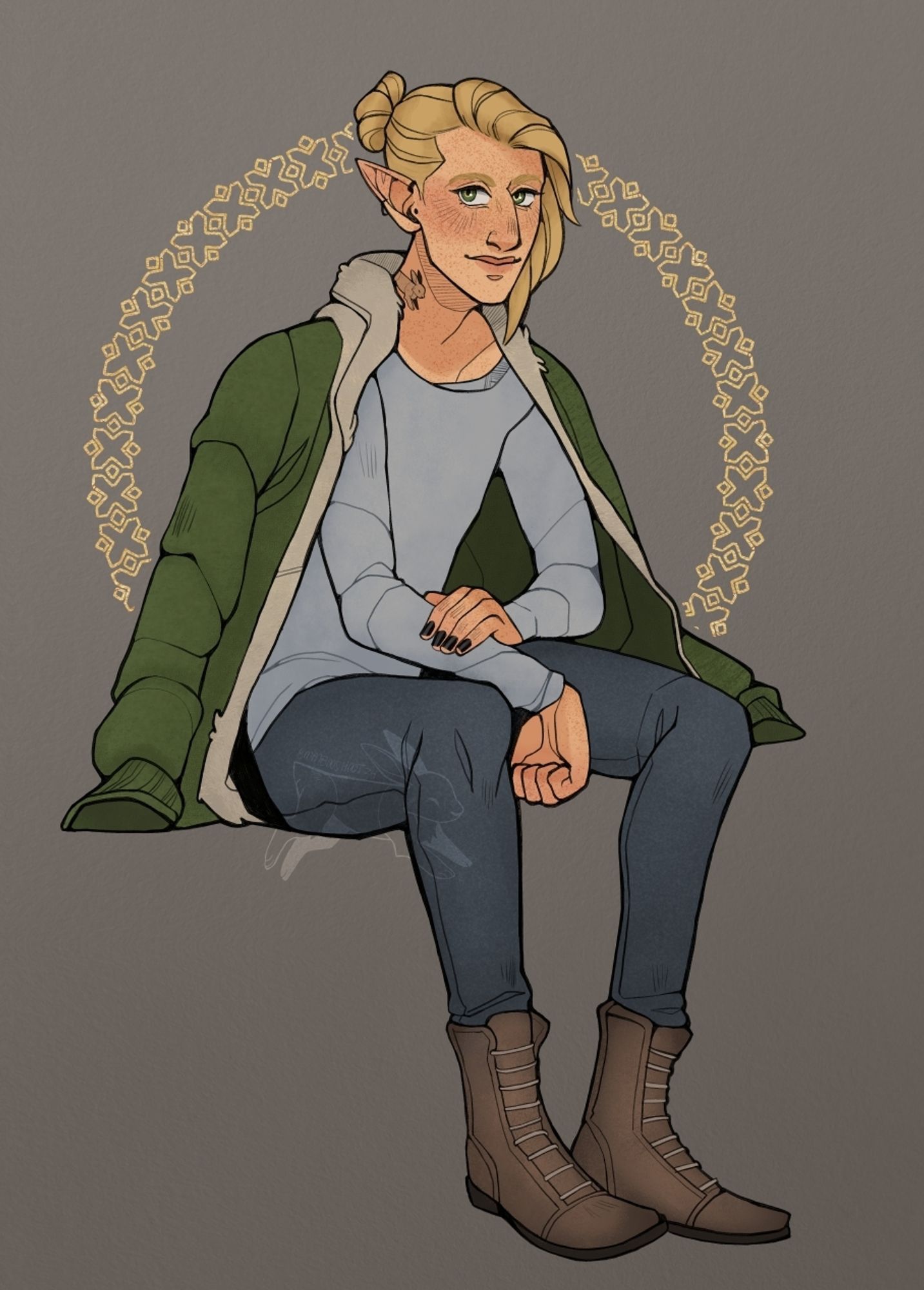 A full body portrait of my OC Tychon, sitting leaning forward with his arms braced on his thighs. Tychon has blond hair pulled into a bun, with several strands of his bangs loose hanging near his face. he wears a plain dove grey long sleeve shirt, blue jeans and brown boots with a green jacket draped over his shoulders. He's posed and looking at the viewer as if posing for a photoshoot.