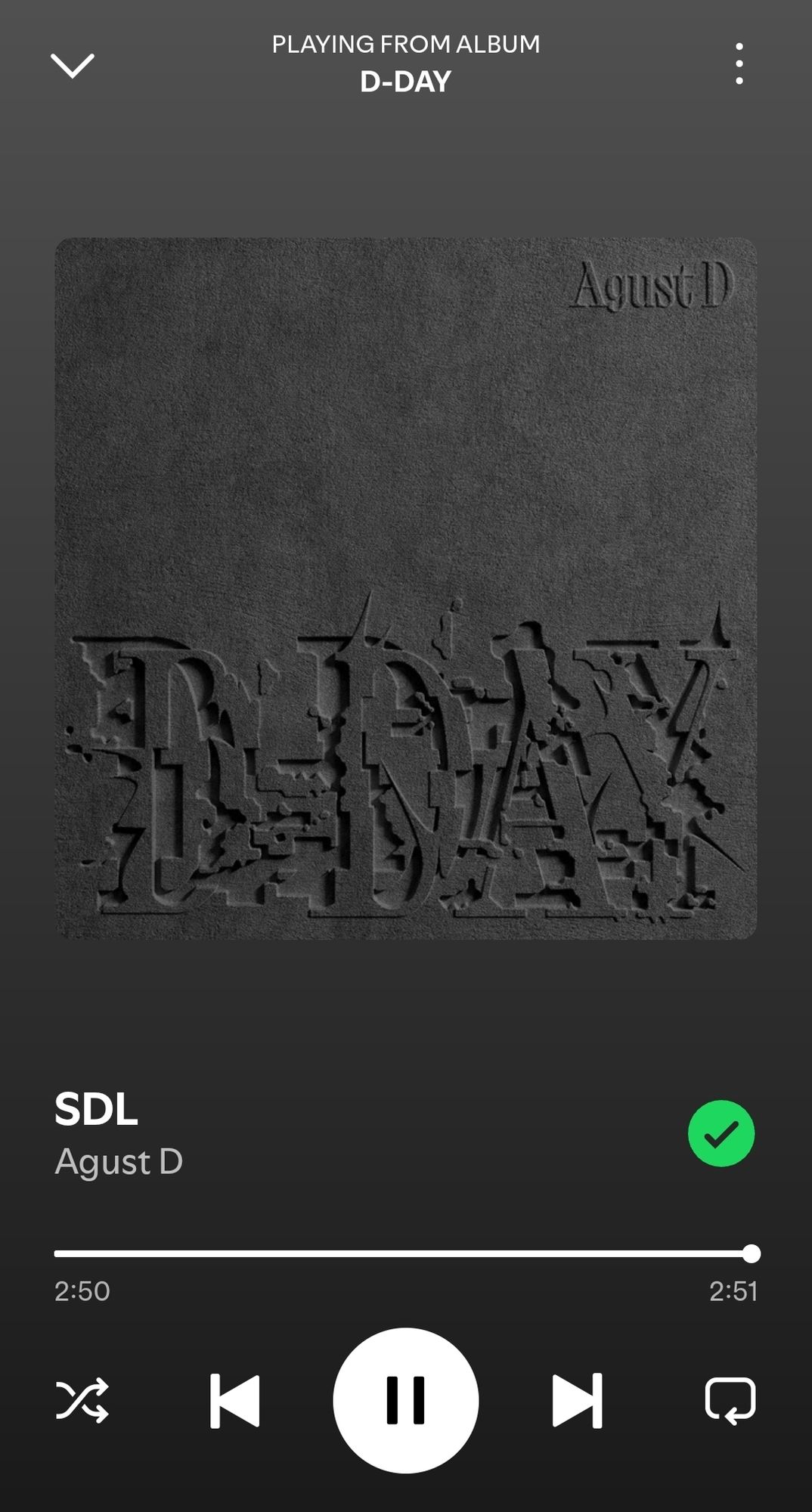 Screenshot of Spotify playing SDL by Agust-d.