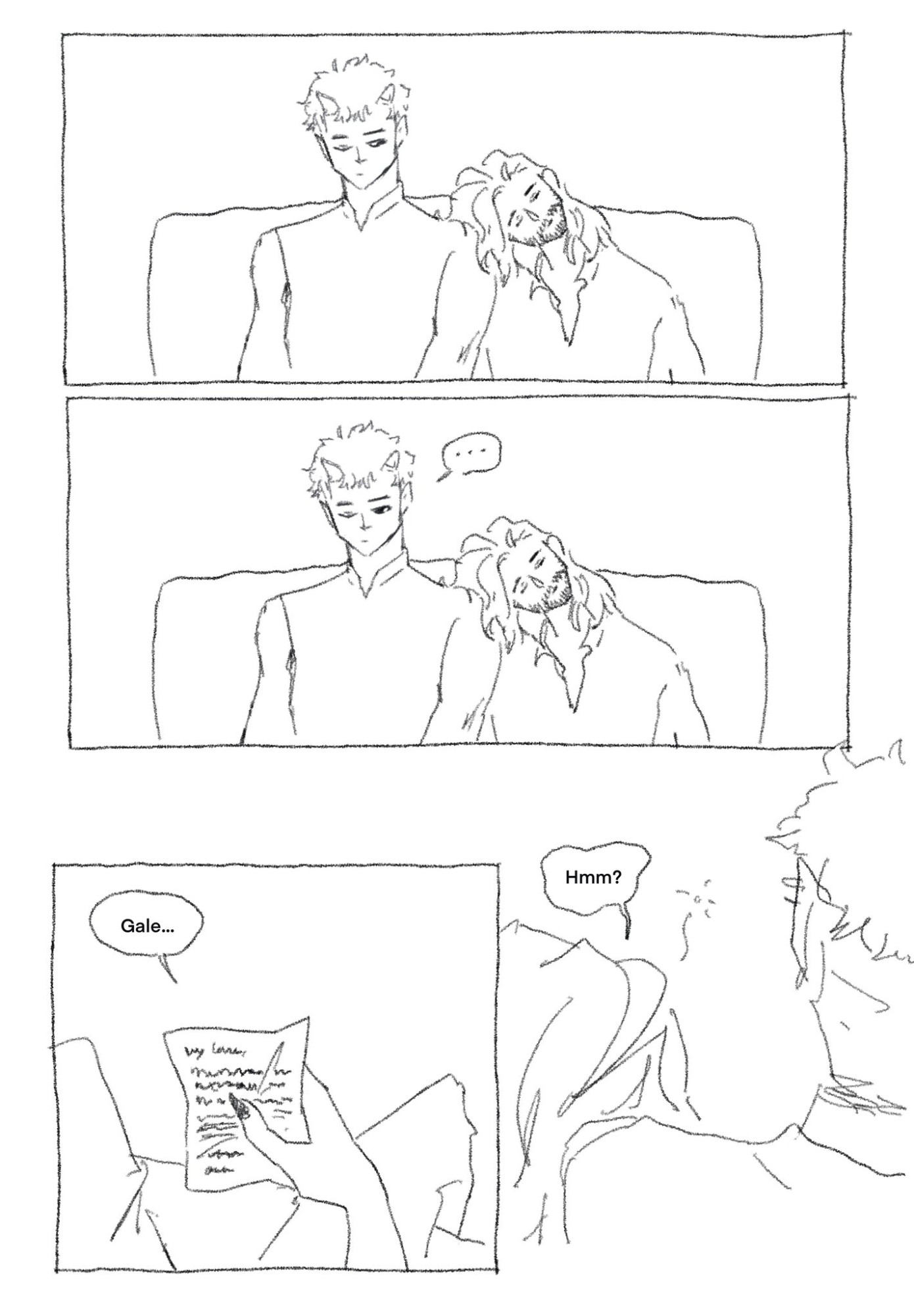 a comic page
1: gale dekarios from bg3 sitting asleep with his resting on neel's (my oc) shoulder. neel is looking away from gale.
2: neel shifts his gaze to gale.
3: neel calling "gale..." in his hand is a piece of letter.
4: gale slowly waking up with a "hmm?"