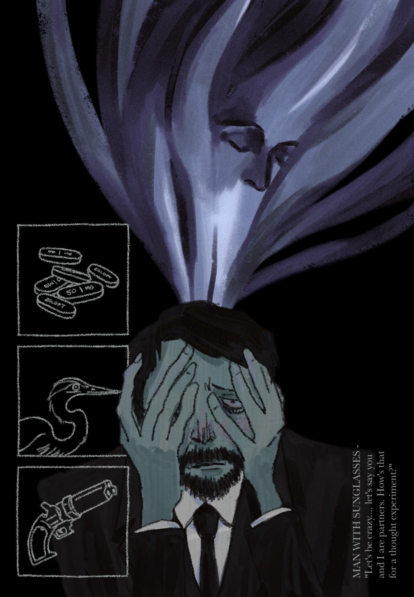 jean vicquemare from disco elysium with hands over his face, making a tired expression. the empathy skill (how it's painted in the game) sprouts out from his head. on the left are 3 squares with these inside of them, from top to bottom in order: zoloft pills, heron head, and harry's pistol. on the right is his quote "MAN WITH SUNGLASSES - "Let's be crazy... let's say you and I are partners. How's that for a thought experiment?".