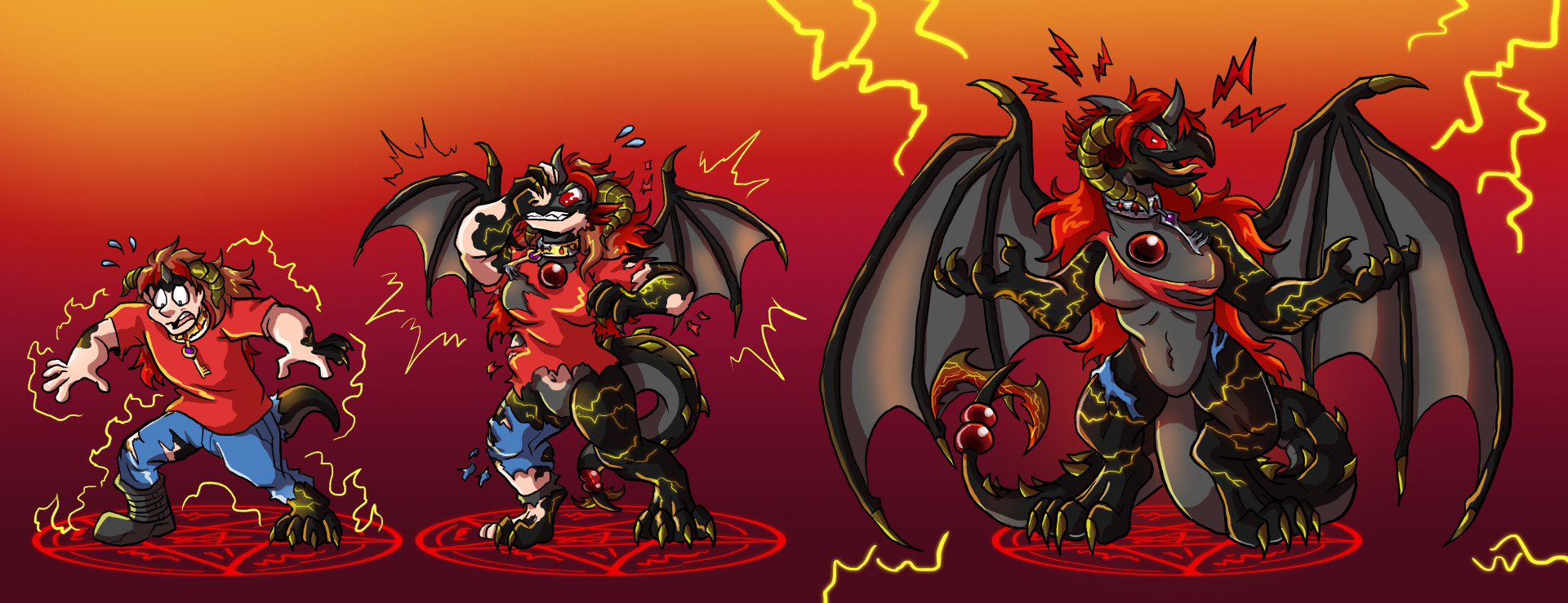 Three panel sequence of human dweeb me affected by a demonic pentagram and transformed into a dark balrog/dragonair/lugia hybrid girl ready to cause some havoc~