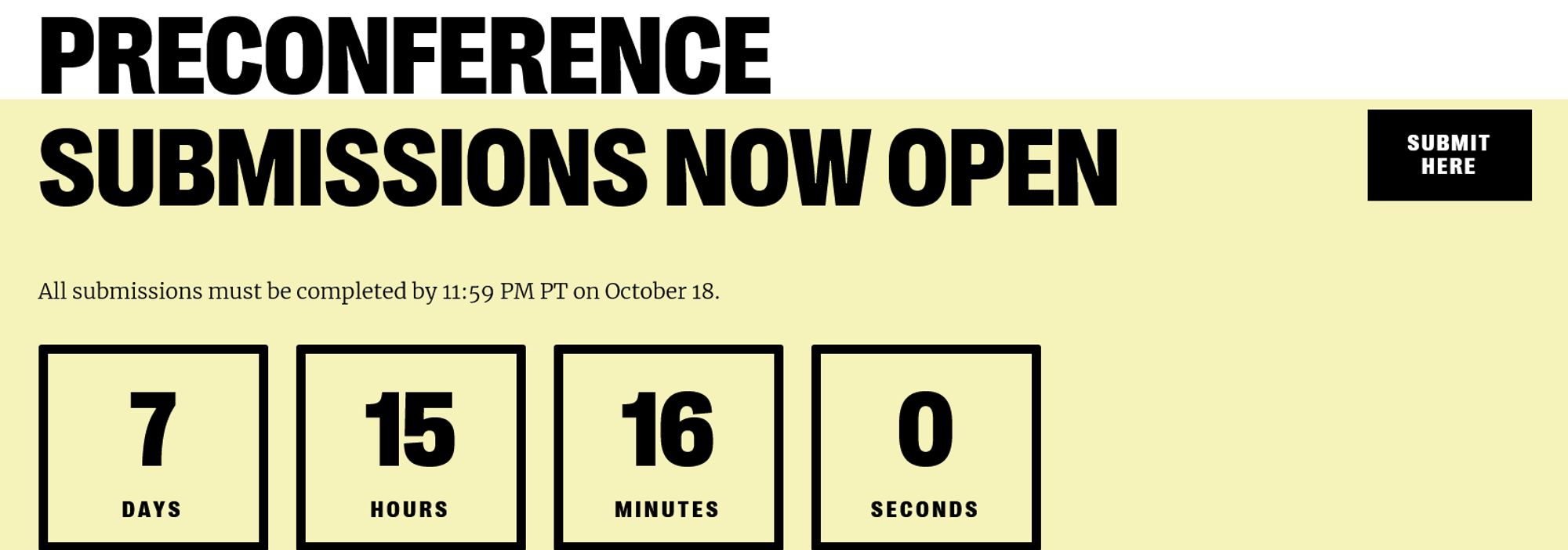 a screenshot of the countdown timer for preconference poster submissions showing 7days 15 hours 16 mins and 0 seconds until the deadline