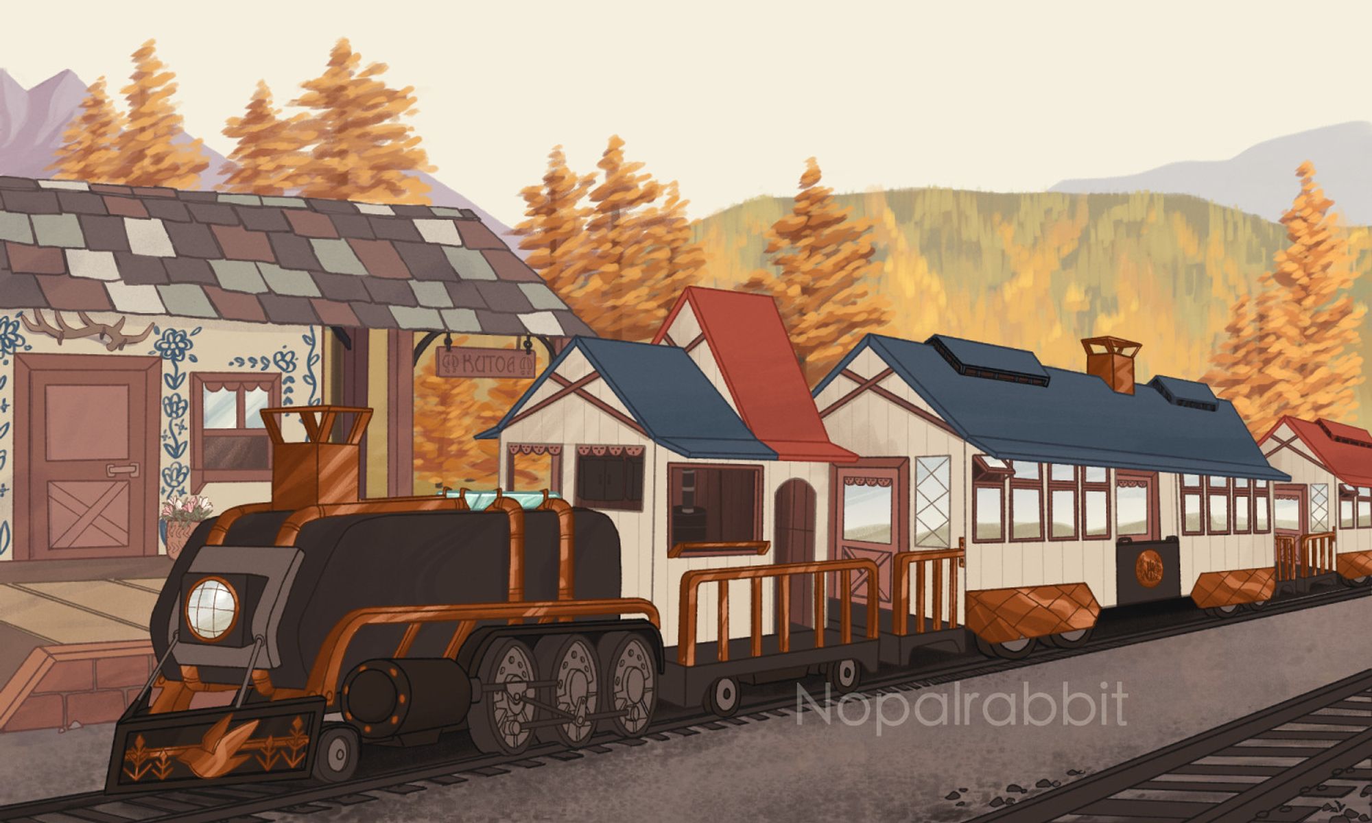 illustration of a fantasy train at a quait train station with cars that look like houses with brightly colored roofs