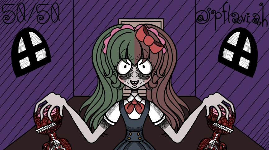 50/50
Essa personagem que eu criei foi inspirada em uma música chamada "50/50" cantada por Hatsune Miku.

A propósito, eu a desenhei em setembro, me inspirei no estilo de desenho do Tim Burton.

Mas, o desenho foi postado hoje.