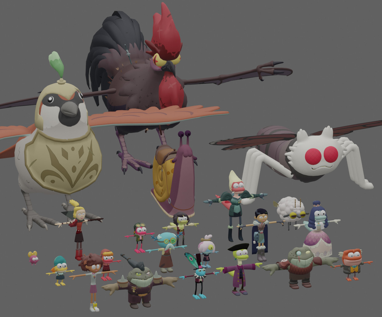 An overview of 3D Amphibia character models in t-pose. From left to right, 1st line: Anne, Beatrix, Crumpet, Duckweed, Grime, Hop Pop. 2nd line: Ivy, Leaf, Loggle, Maddie, Marcy, Olivia. 3rd line: Polly, Sasha, Sprig, Tritonio, Yunan, sheep-fly. 4th line: Joe, Bessie, Domino 2. Last: Chicka-Lisk.