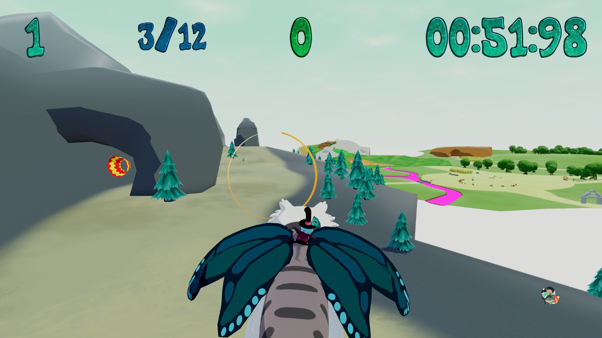 3D racing game based on Amphibia. The player is Crumpet riding on a kill-a-moth through a mountain area, heading for a large yellow/orange ring in the air. A few evergreens are scattered around on the mountain. In the background to the right is a green area with fluffier trees and some ancient factories. AI racers are racing in a cricle in the green area.