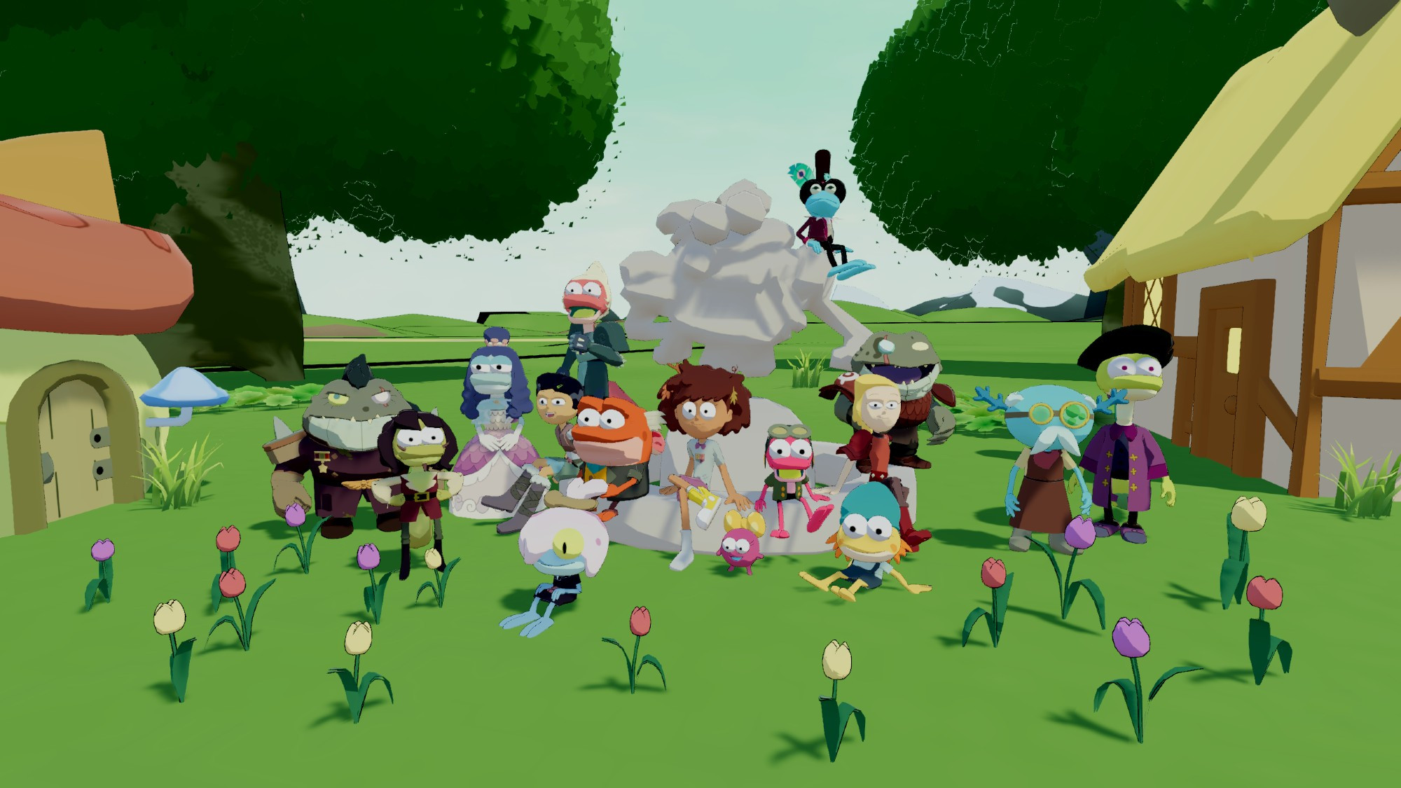 3D game. Simple, green area with some tulips in the foreground, and trees in the back. Two houses to either side of the image. Lots of characters are sitting or standing by a large statue of a frog. From left to right: Beatrix, Tritonio, Olivia, Yunan, Marcy, Hop Pop, Maddie, Anne, Polly, Sprig, Ivy, Sasha, Grime, Loggle and Albus, and Crumpet sitting on the statue's shoulder.