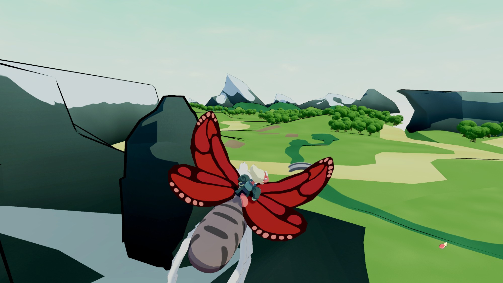 3D Amphibia fan game. Yunan is riding a kill-a-moth towards some snowy mountains in the horizon. There are forests and open fields in the middleground. A river is stretching from the foreground towards the mountains. To the left in the foreground are smaller mountains with a bit of snow on them.