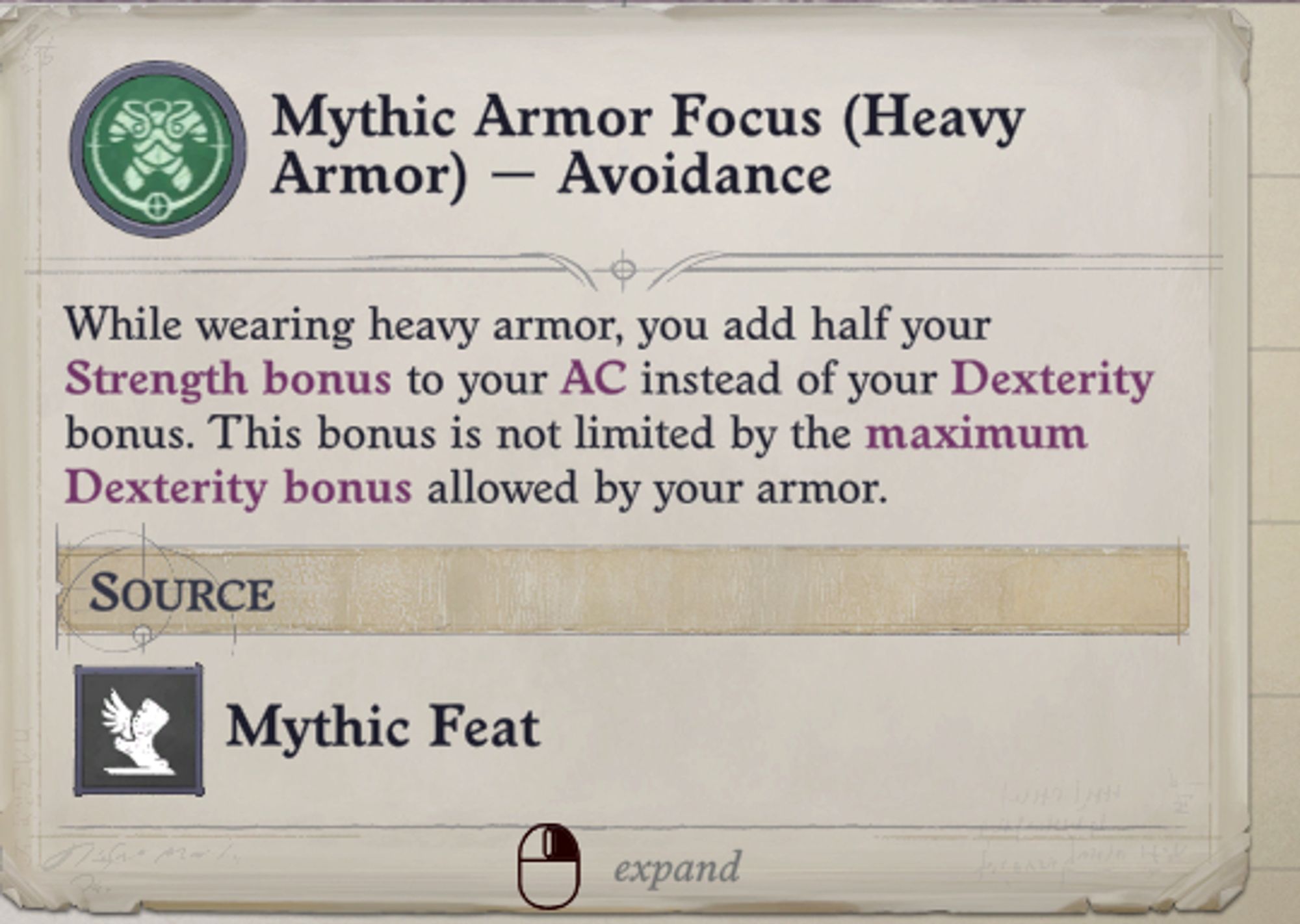 A screenshot from the game "Pathfinder: Wrath of the Righteous". It shows the tooltip for a Mythic Feat that allows the wearer of heavy armor to add half of their Strength bonus to Armor Class instead of their Dexterity bonus.