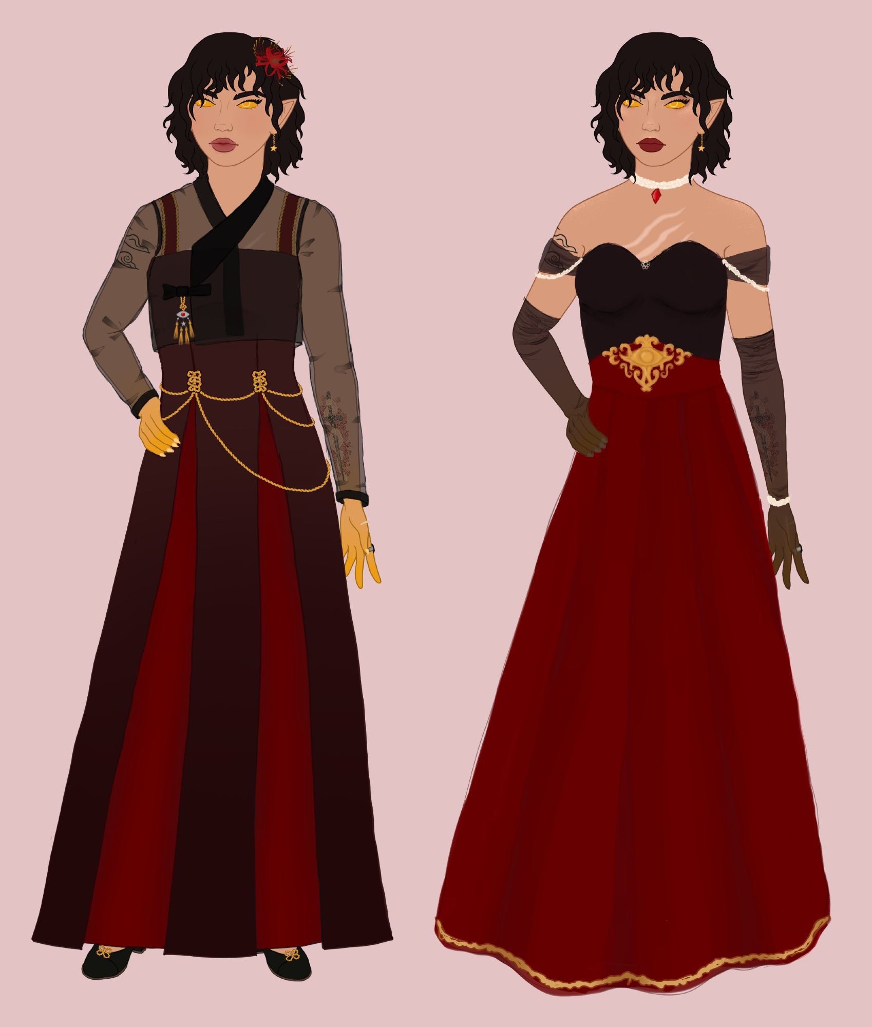 two fullbody drawings of the same character, showcasing two formal outfits. the left is inspired by hanbok with a sheer black jeogori over a maxi dress with a muted red ombre and brighter red inside the wide skirt pleats. the outfit has gold rope details as well as an eye and star themed norigae and a spider lily hairpin. the right outfit is a classic ballgown with a black sweetheart neck top and red maxi skirt. the skirt has gold filigree detail and the top has sheer off the shoulder straps with a string of pearls over each. the outfit has sheer gloves as well as a pearl and ruby choker and pearl bracelet.